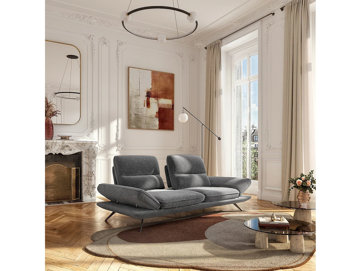 Canapé 3 places en tissu avec dossier avance-recule - Gris ardoise