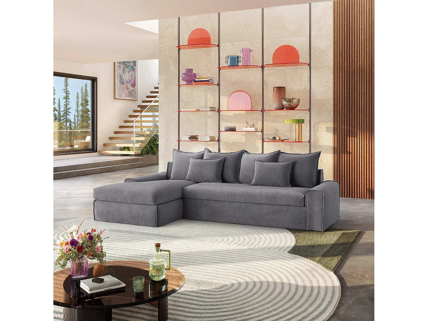 Habitat - Canapé d'angle gauche déhoussable en coton et lin garni de plumes - Gris ardoise  - Ginosa