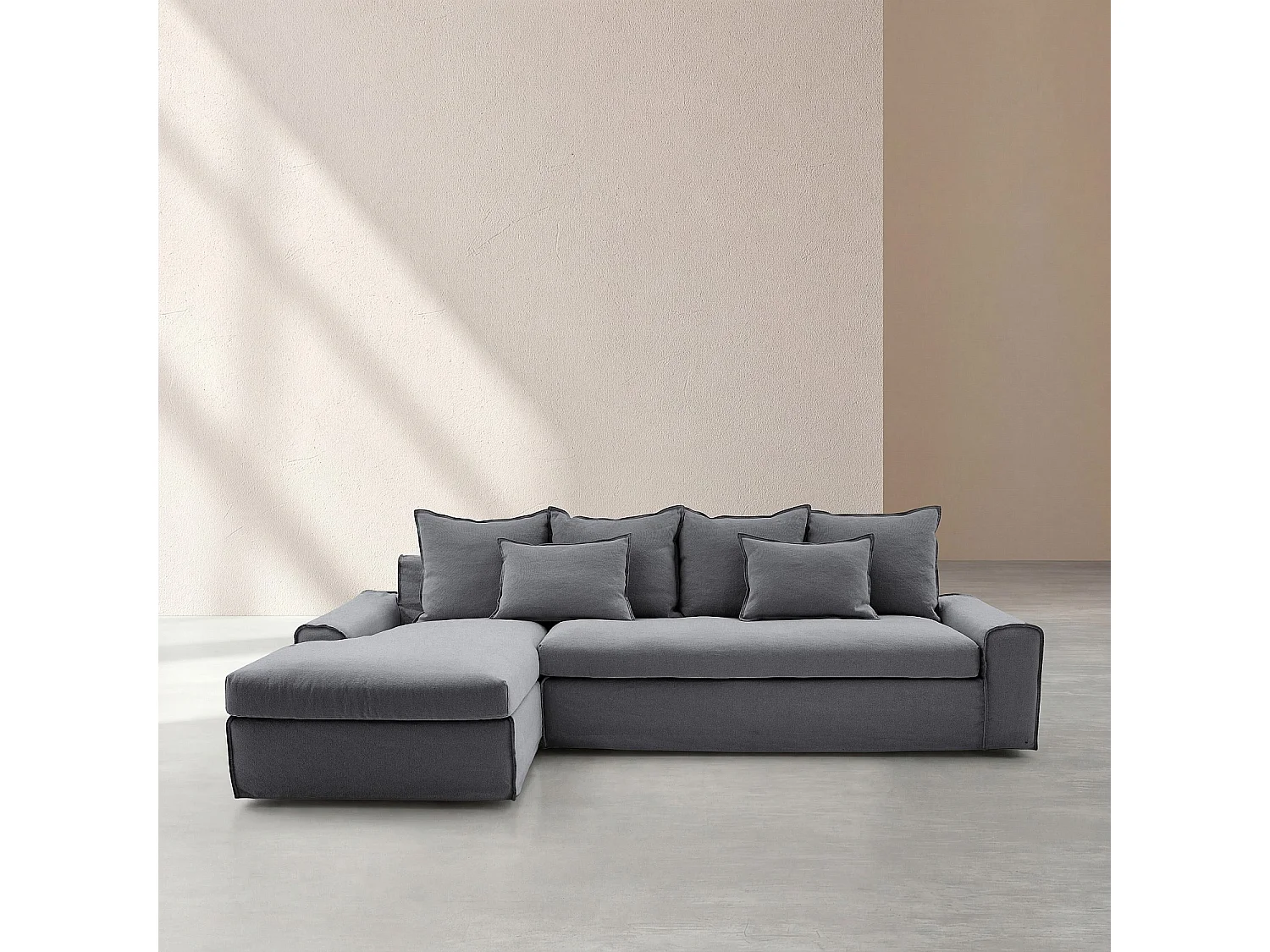 Canapé d'angle gauche déhoussable en coton et lin garni de plumes - Gris ardoise