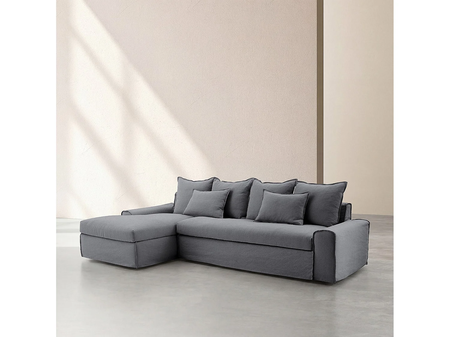 Canapé d'angle gauche déhoussable en coton et lin garni de plumes - Gris ardoise