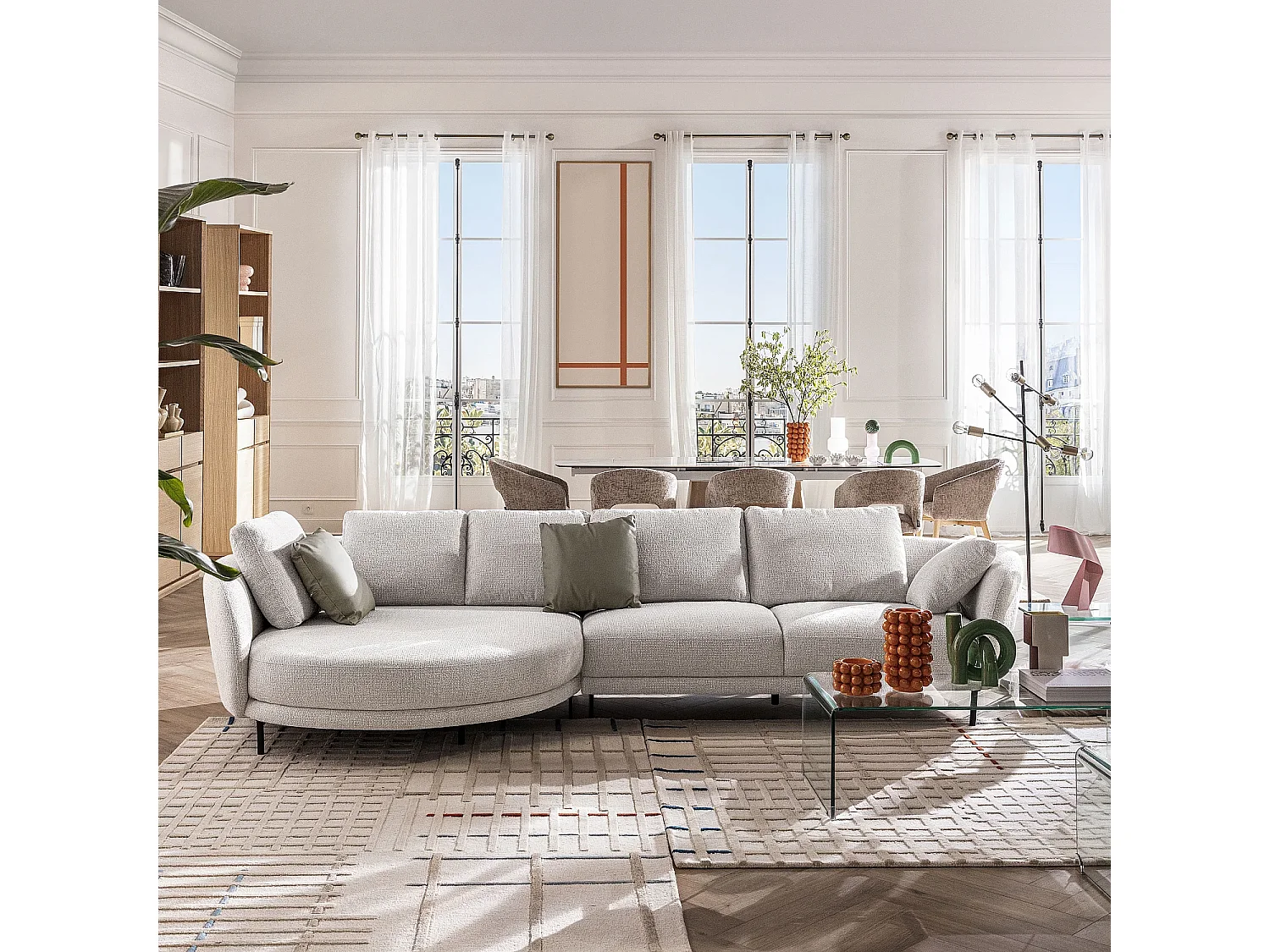 Canapé d'angle gauche en tissu et dossier déhoussable garni de plumes - Écru mélangé - Design by Federica Francini