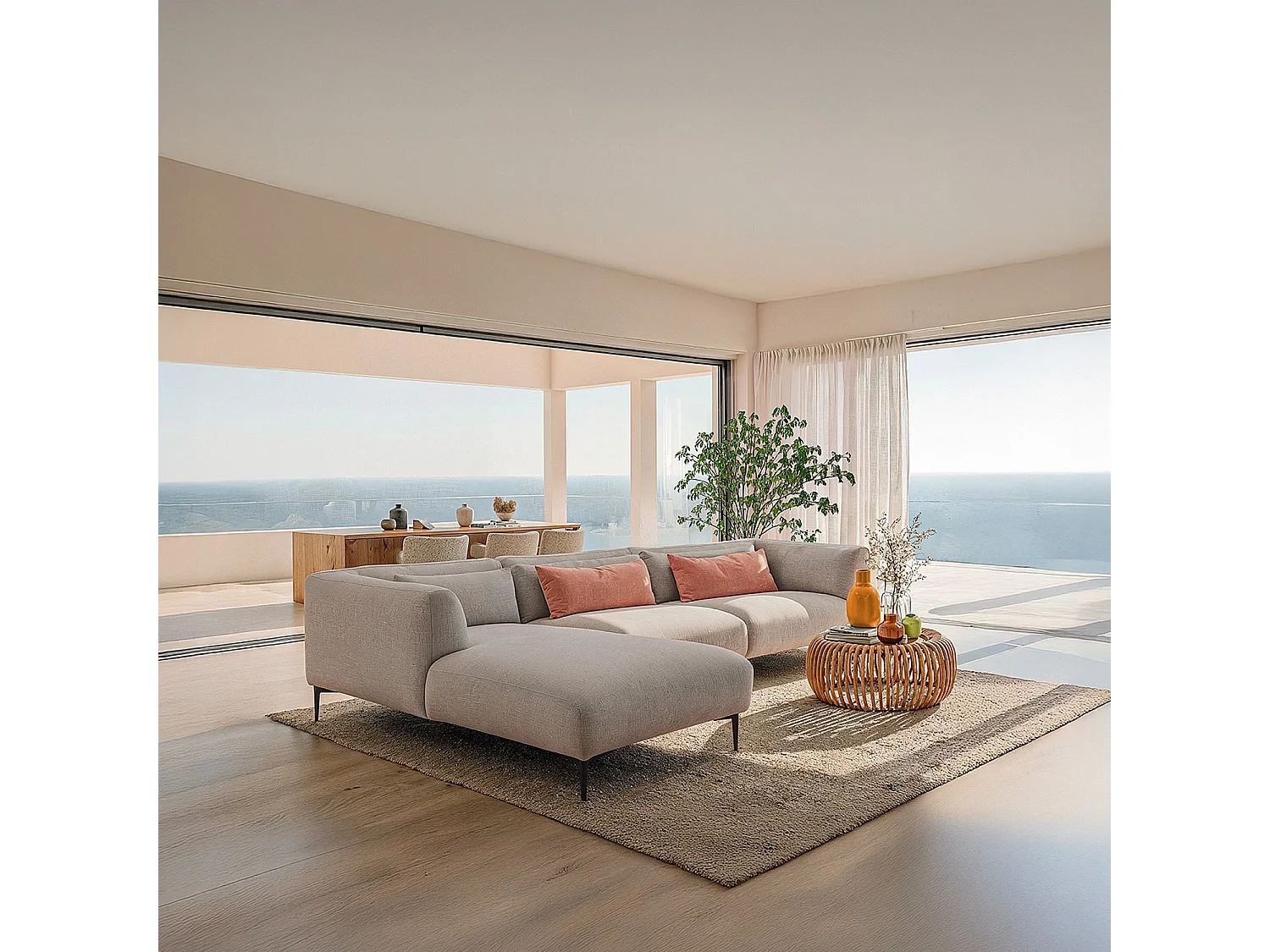 Canapé d'angle gauche avec coton et lin garni de plumes - Gris perle