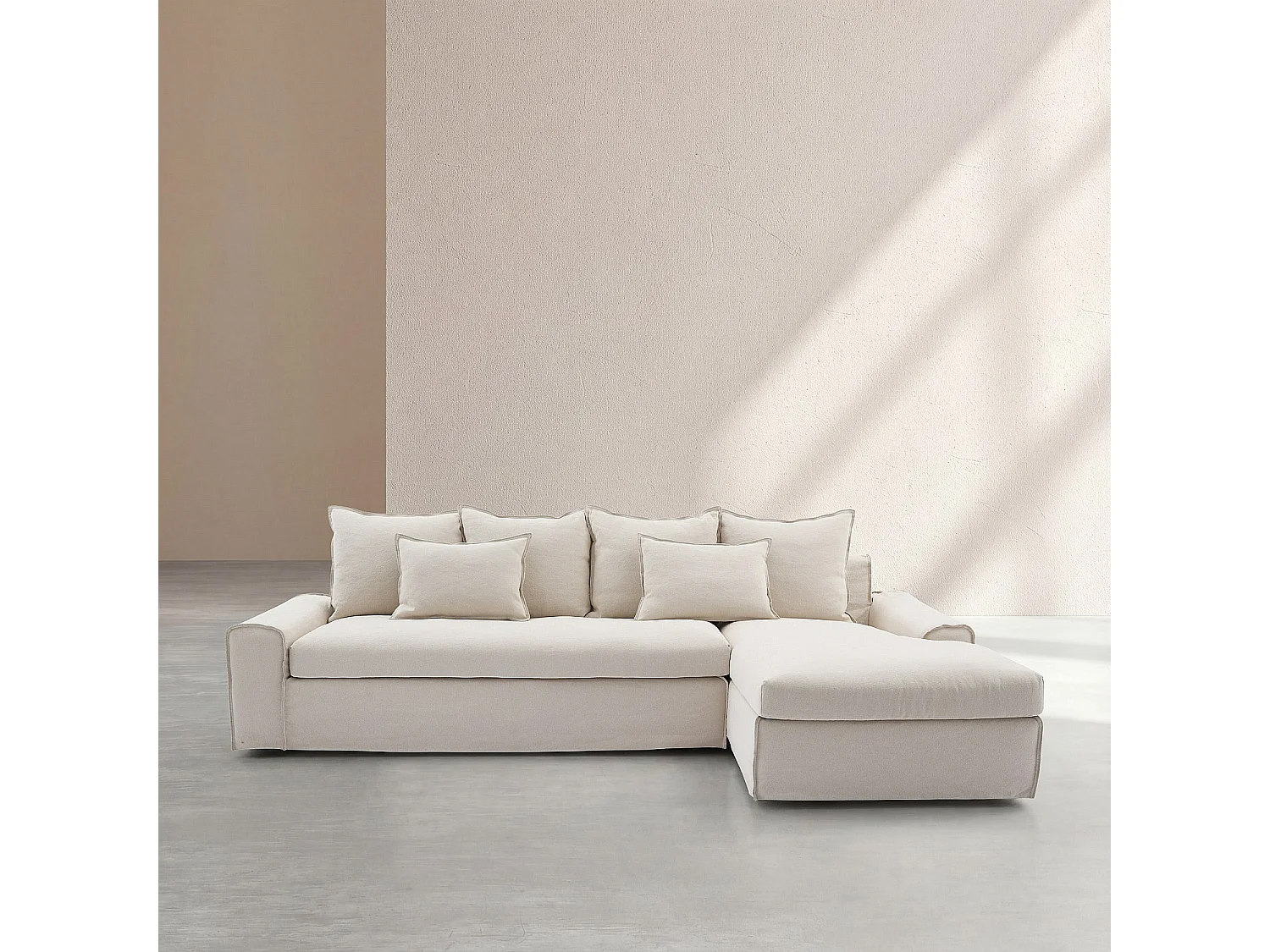 Canapé d'angle droit déhoussable en coton et lin garni de plumes - Sable blanc