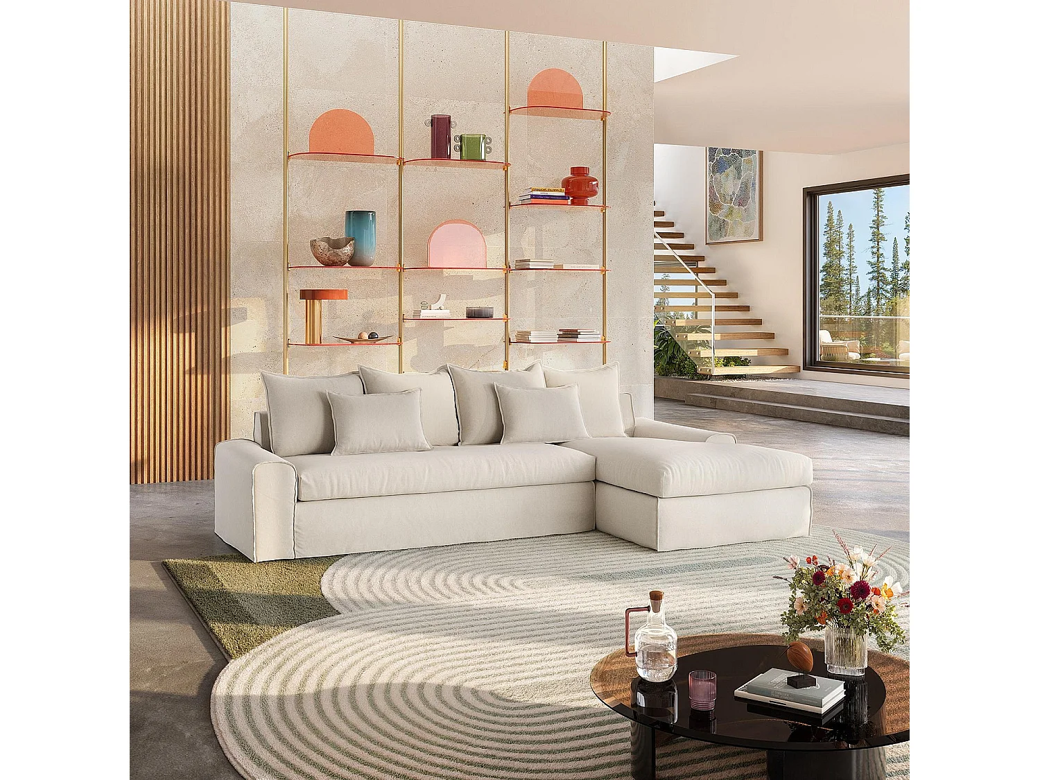 Canapé d'angle droit déhoussable en coton et lin garni de plumes - Sable blanc