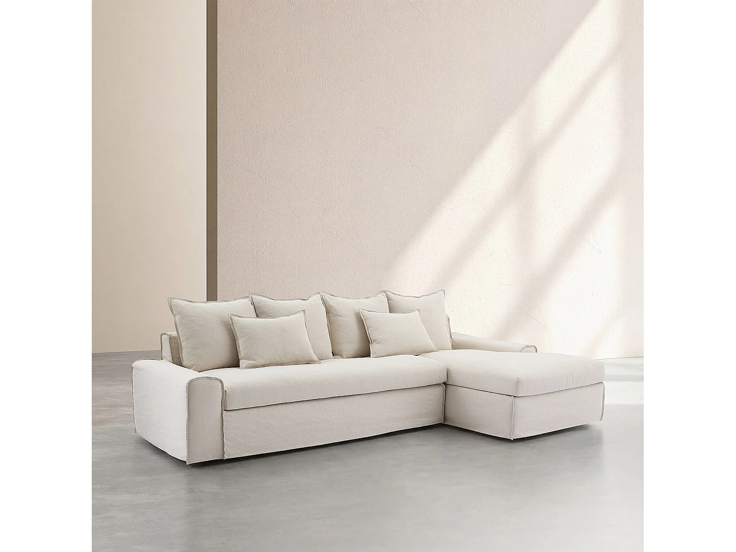 Canapé d'angle droit déhoussable en coton et lin garni de plumes - Sable blanc