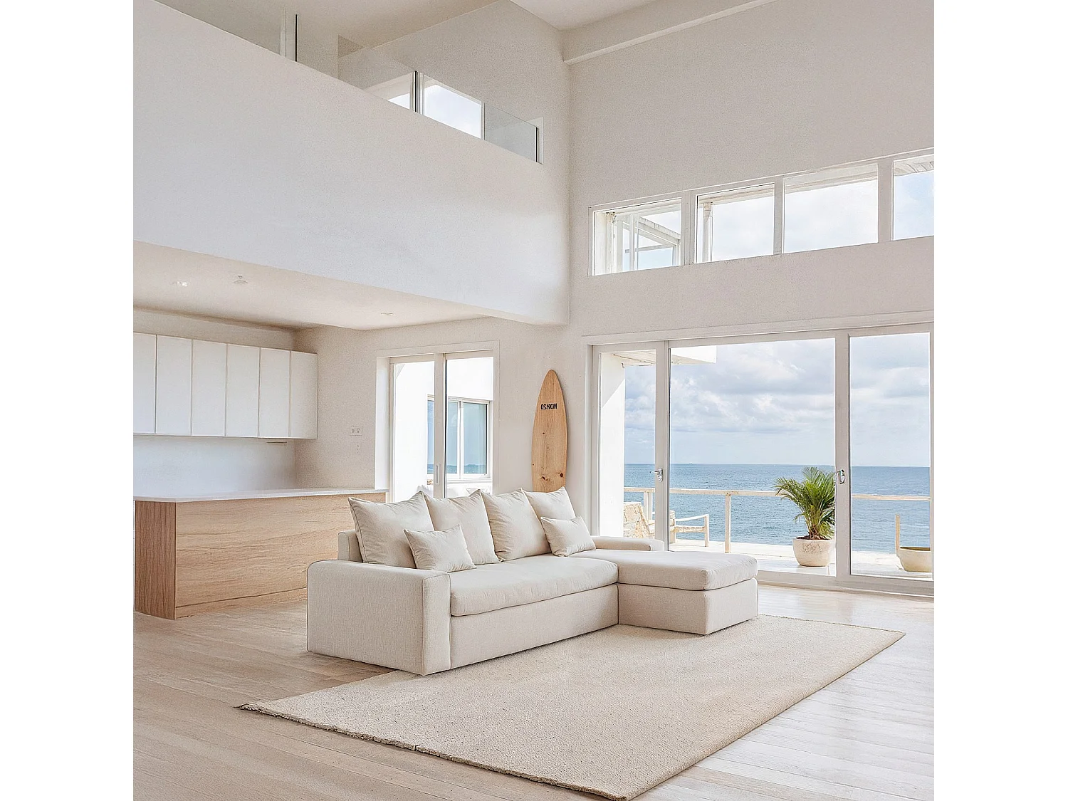 Canapé d'angle droit déhoussable en coton et lin garni de plumes - Sable blanc