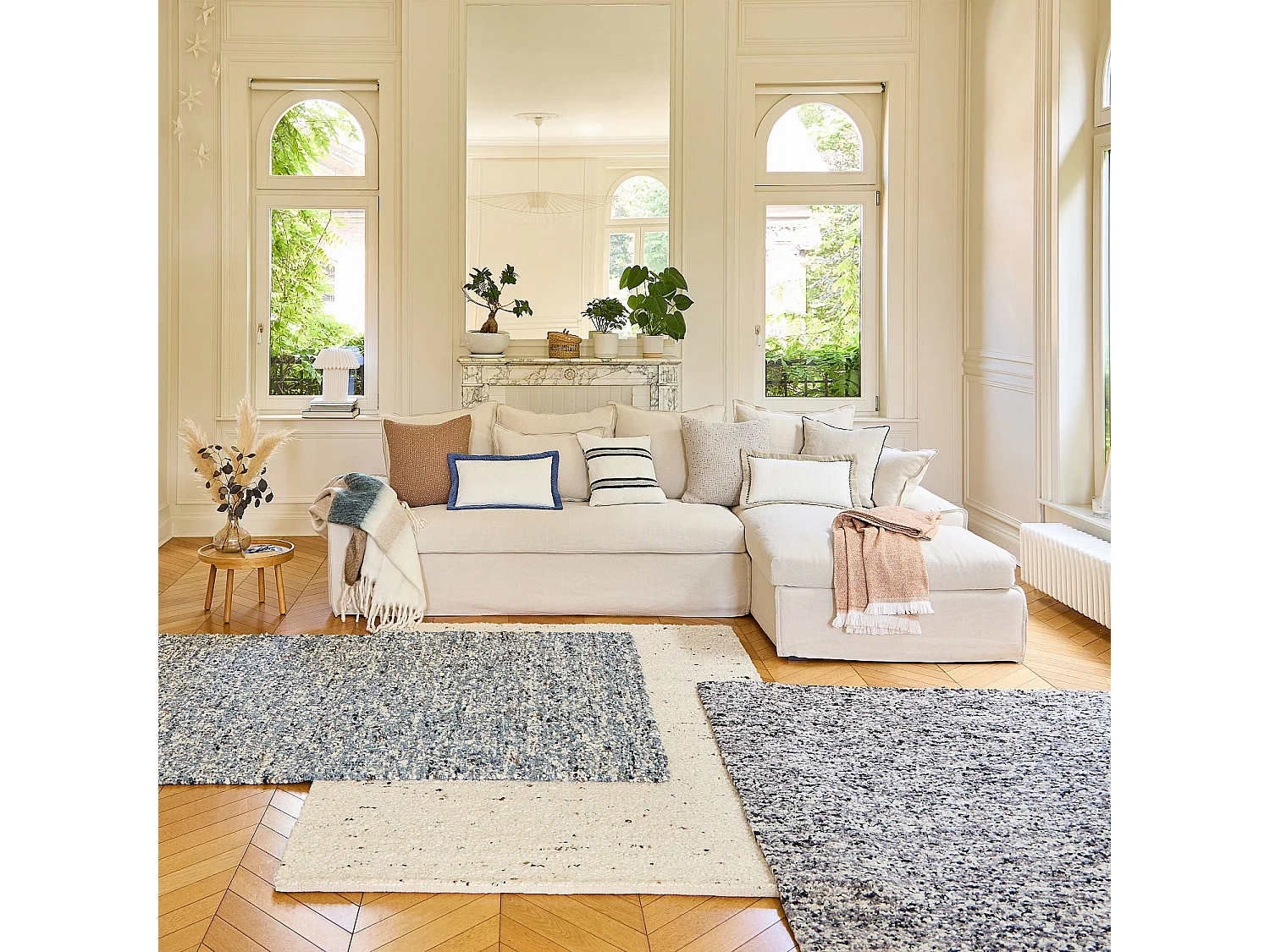 Canapé d'angle droit déhoussable en coton et lin garni de plumes - Sable blanc