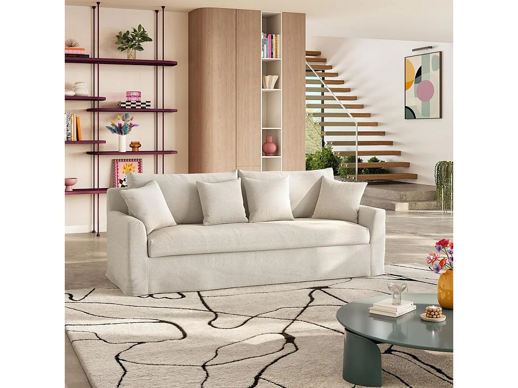 Habitat - Canapé 3 places déhoussable en coton et lin garni de plumes - Sable blanc - Ostuni