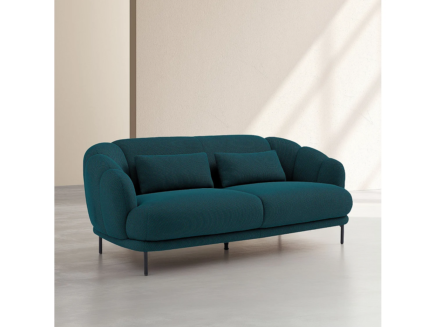 Canapé 3 places en tissu 3D et coussins garnis de plumes - Bleu canard - Design by Federica Francini