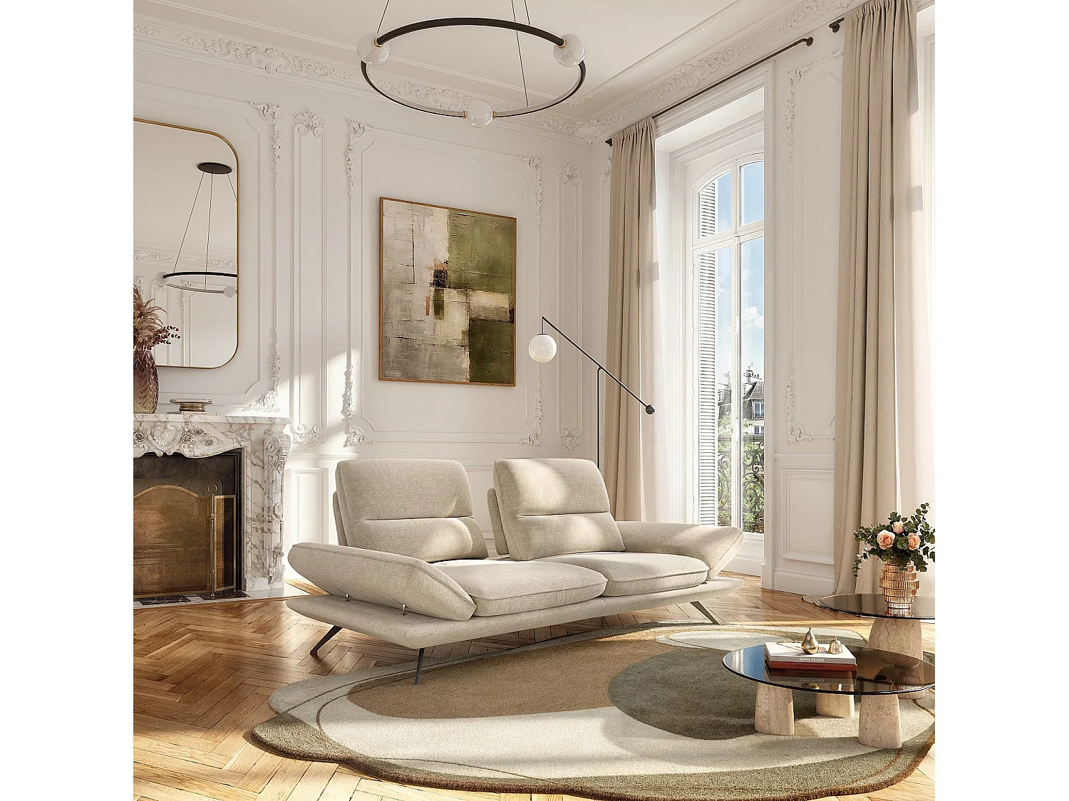 Canapé 3 places en tissu avec dossier avance-recule - Crème