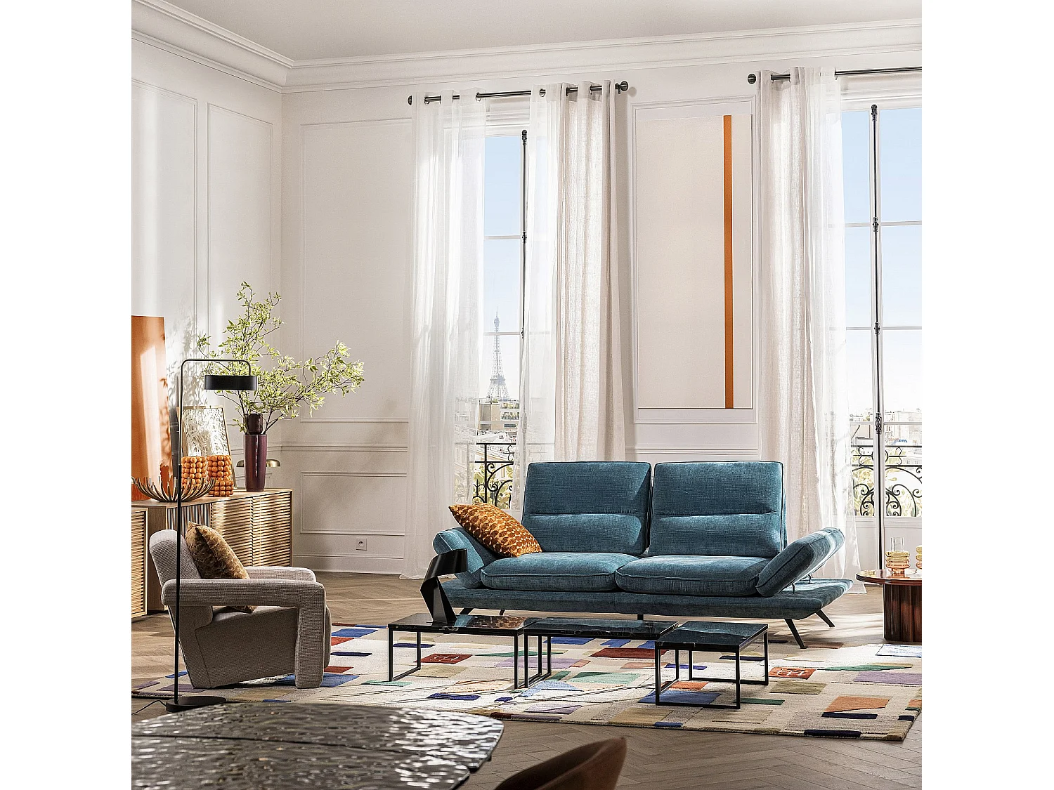 Canapé 3 places en tissu avec dossier avance-recule - Crème