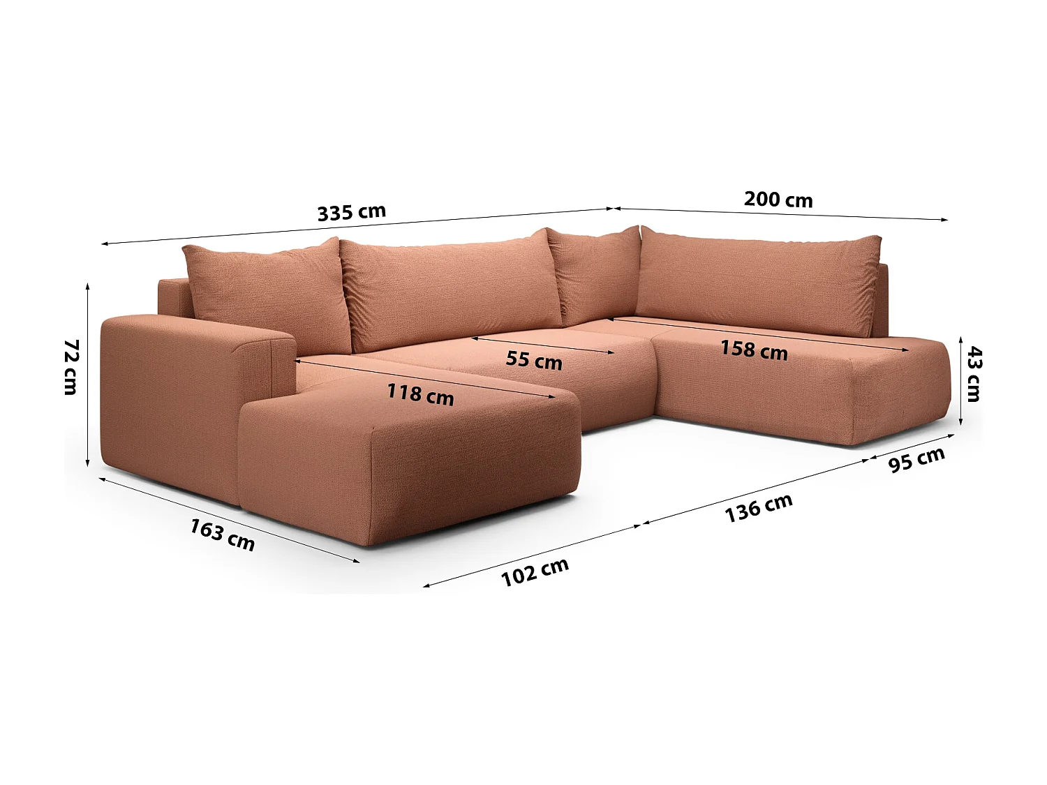 SOFA PANORAMIQUE en polyester Revolto U XL 8 places, Orange (Aragon 56)