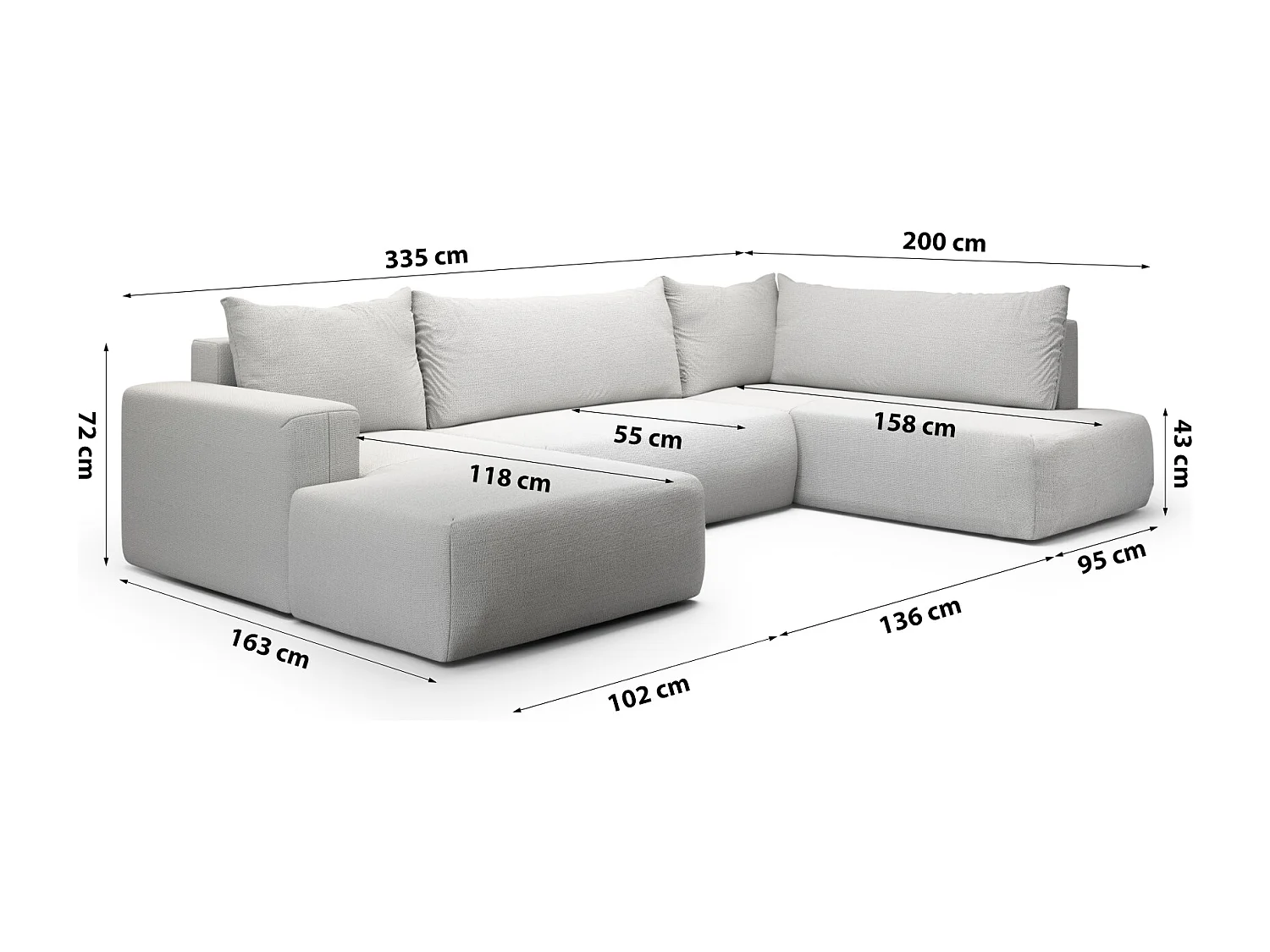 SOFA PANORAMIQUE en polyester Revolto U XL 8 places, Gris clair (Aragon 80)