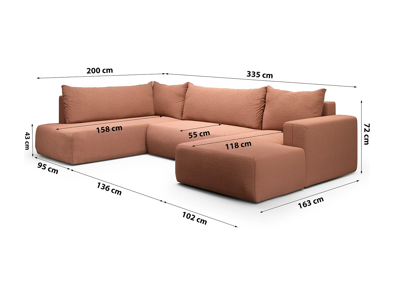 SOFA PANORAMIQUE en polyester Revolto U XL 8 places, Orange (Aragon 56)