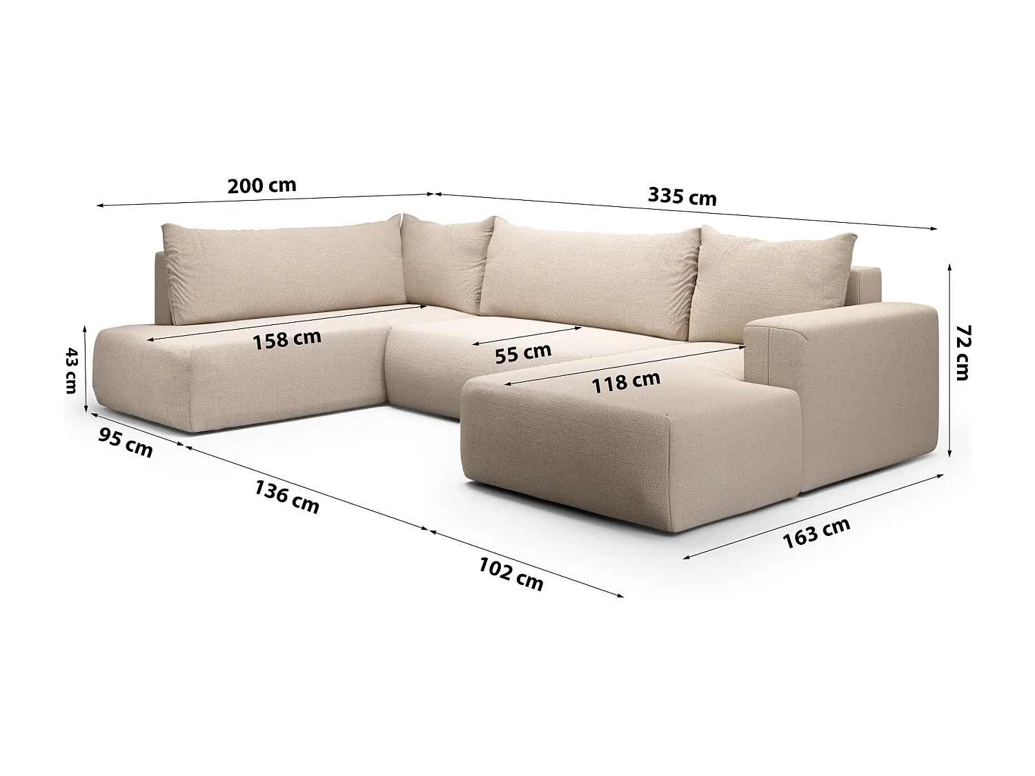 SOFA PANORAMIQUE en polyester Revolto U XL 8 places, Beige (Aragon 03)