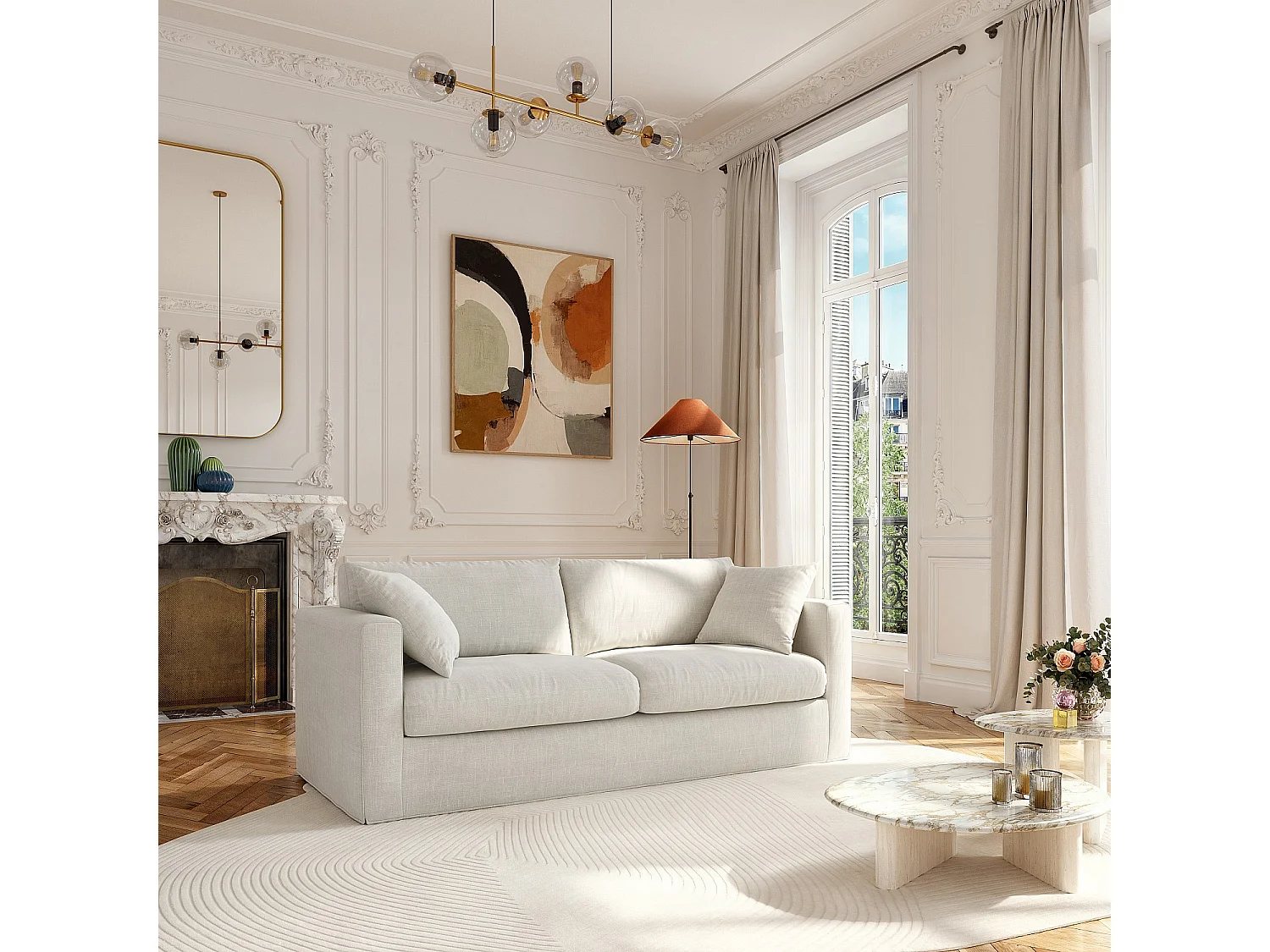 Canapé 3 places déhoussable avec coton et lin garni de plumes - Ivoire