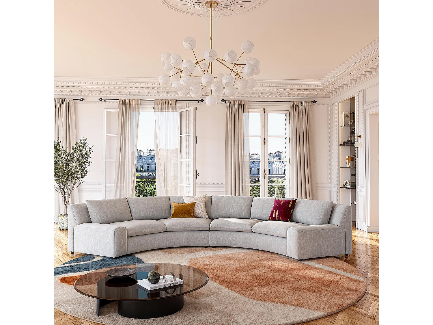 Habitat - Grand canapé d'angle arrondi déhoussable en tissu - Gris clair - Tondo