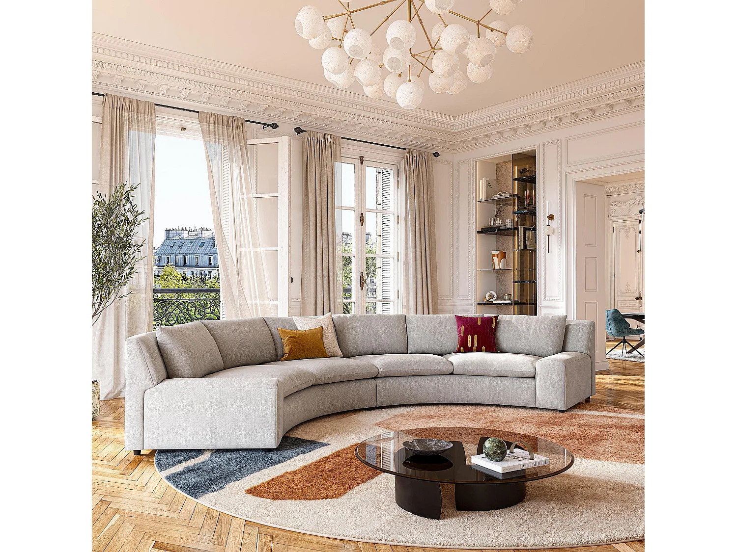 Habitat - Grand canapé d'angle arrondi déhoussable en tissu - Gris clair - Tondo