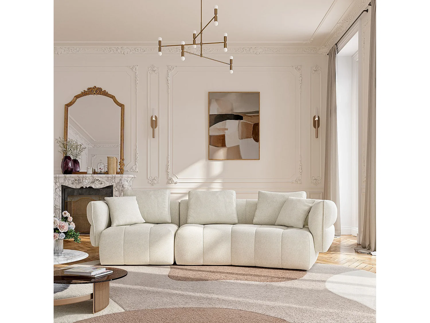 Canapé 5 places en tissu avec coussins garnis de plumes - Blanc irisé