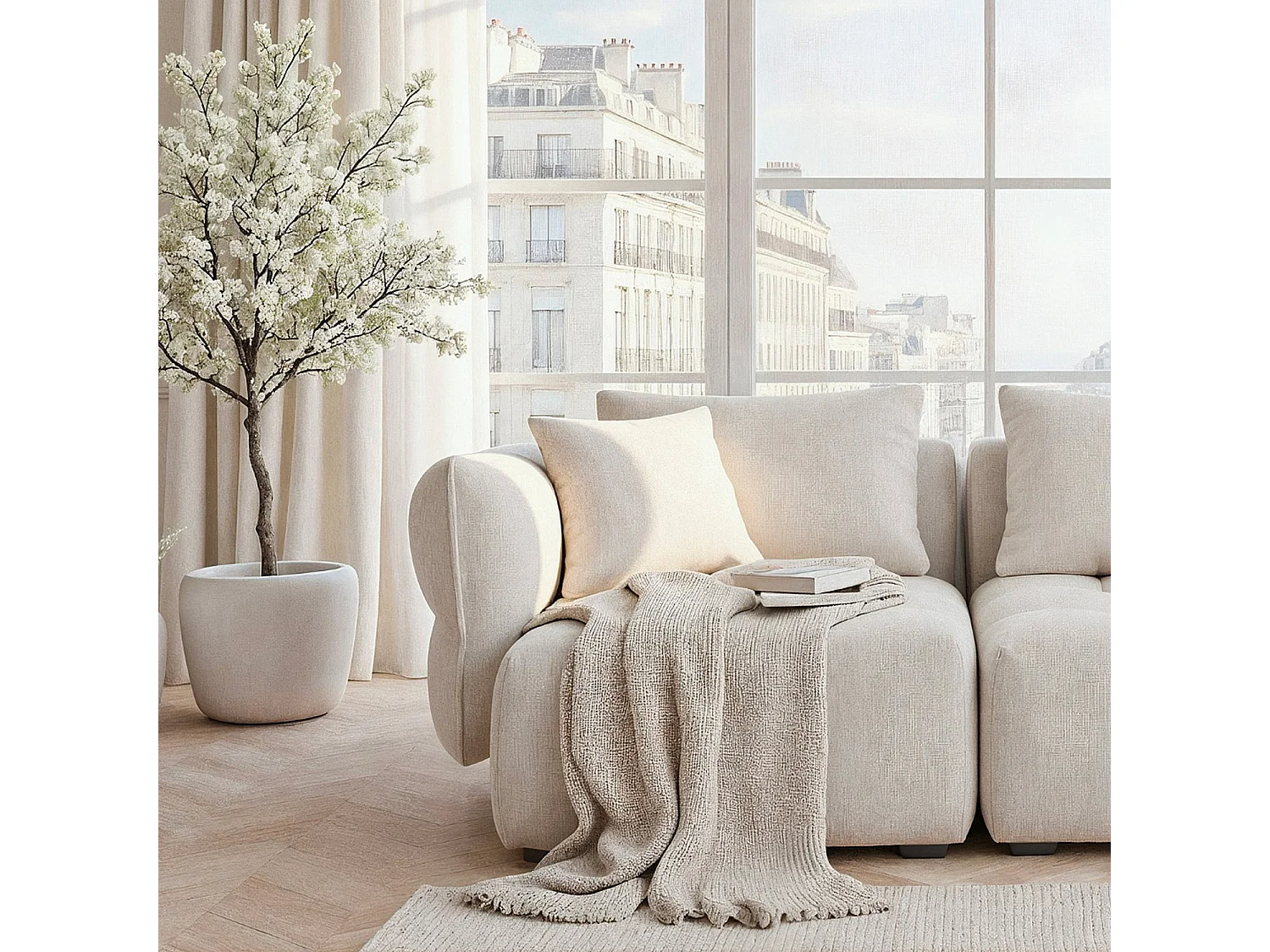 Canapé 5 places en tissu avec coussins garnis de plumes - Blanc irisé