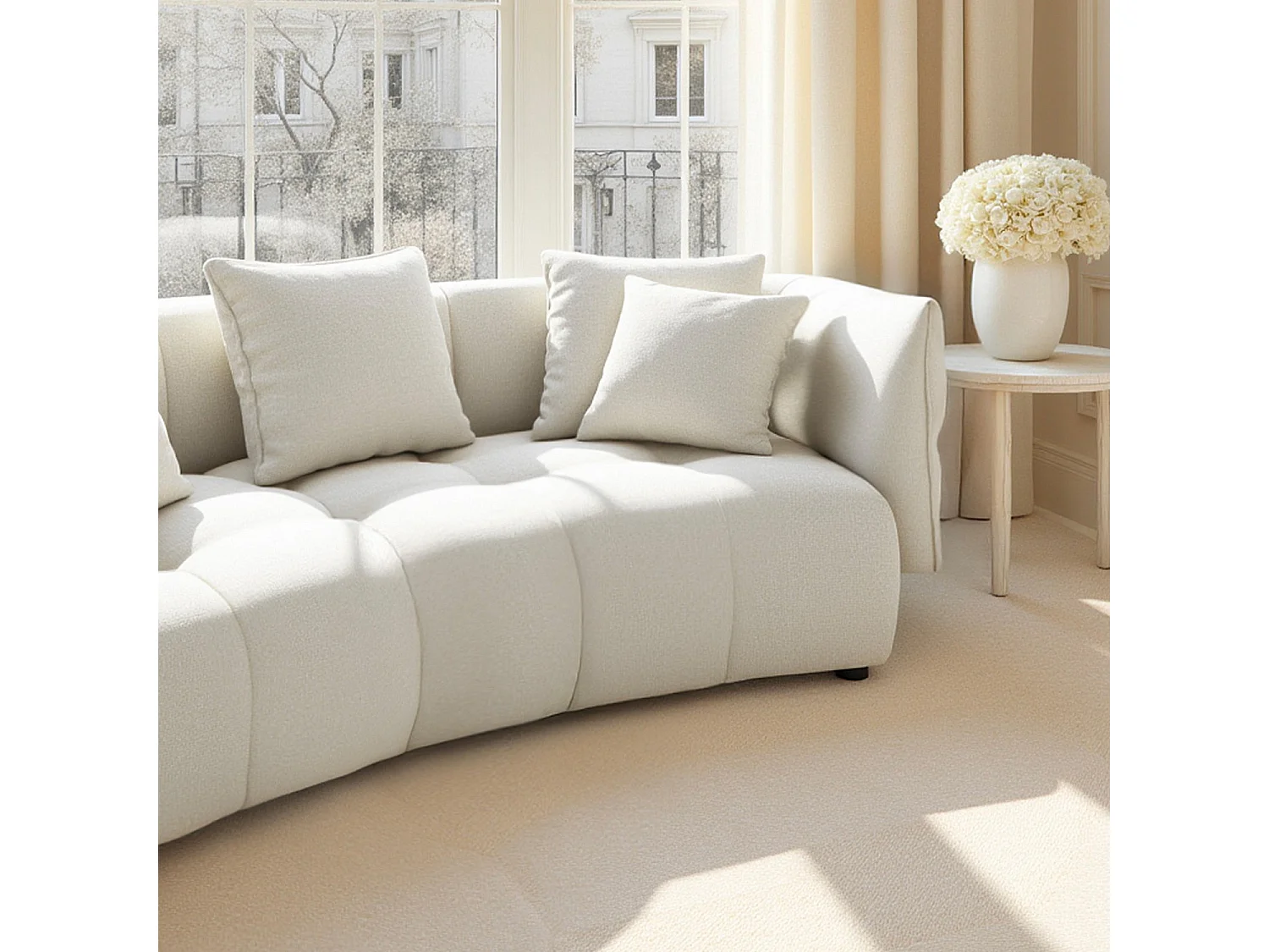 Canapé 5 places en tissu avec coussins garnis de plumes - Blanc irisé