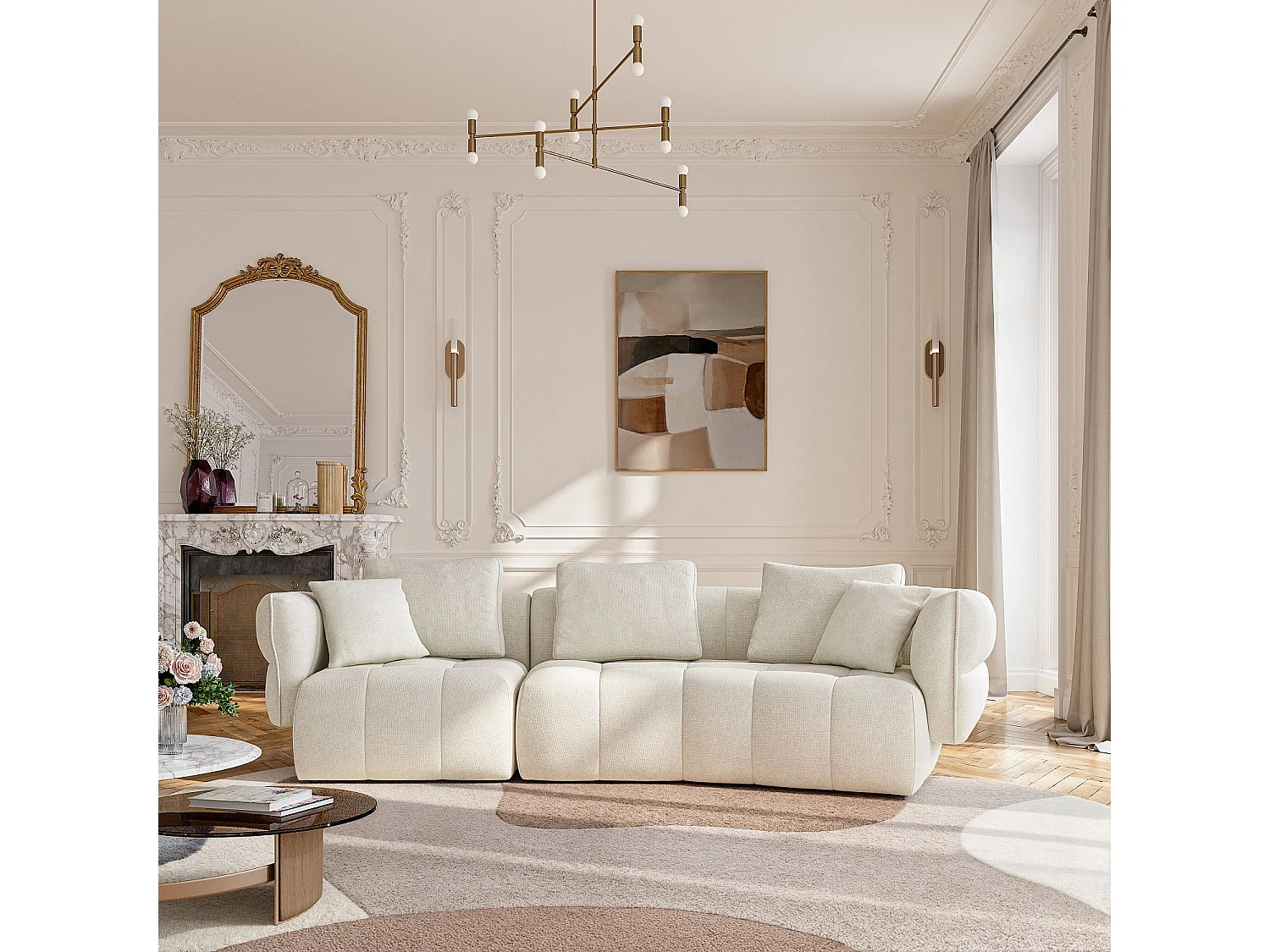 Canapé 5 places en tissu avec coussins garnis de plumes - Blanc irisé