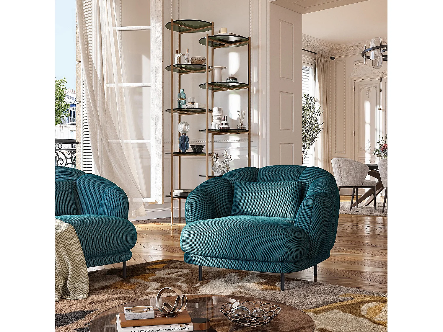 Habitat - Fauteuil en tissu 3D et métal noir - Bleu canard - Design by Federica Francini PARATY