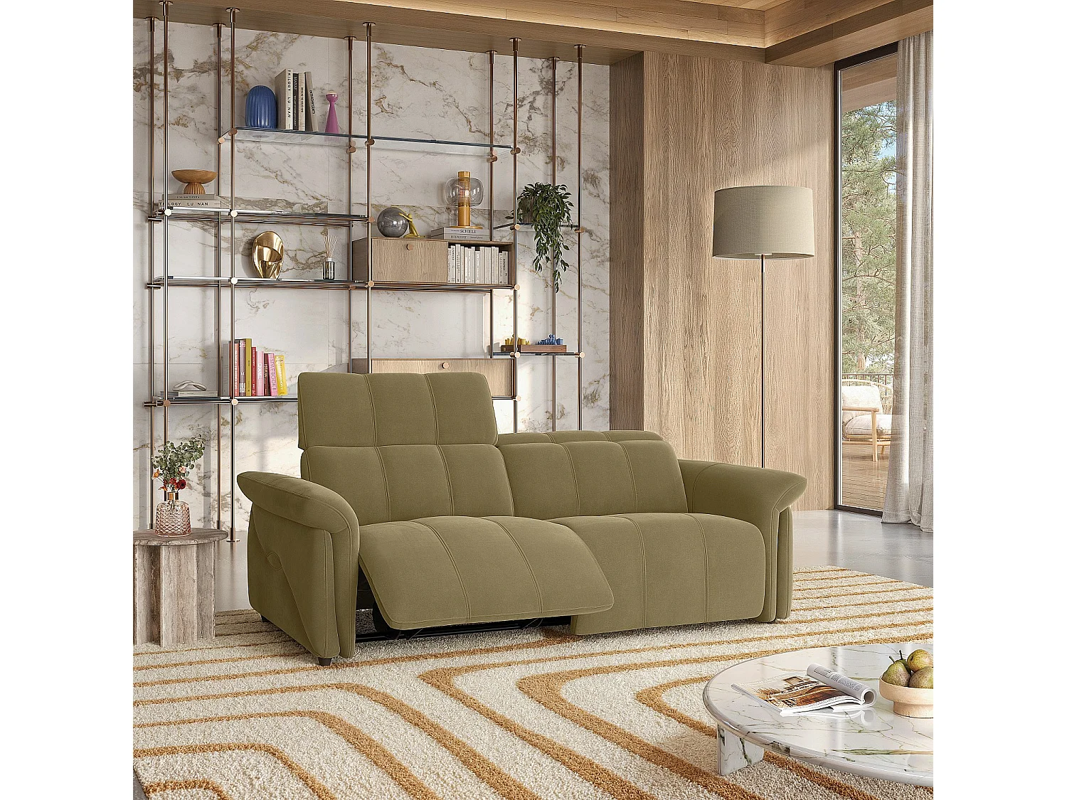 Habitat - Canapé 3 places relax électrique en suédine - Vert olive - Design by Joly Design - Brinda