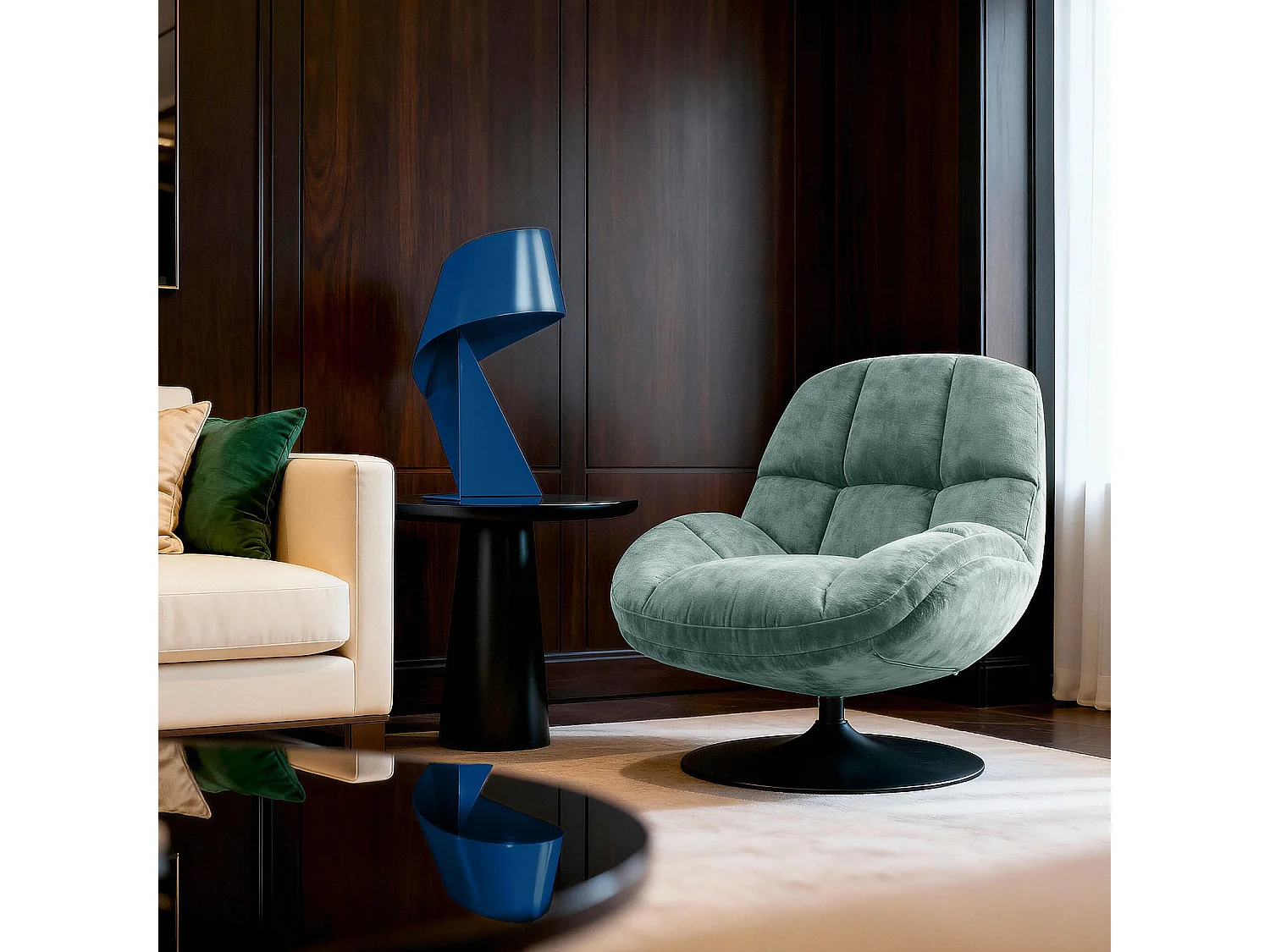 Fauteuil pivotant en tissu chenille et métal chromé - Bleu ciel