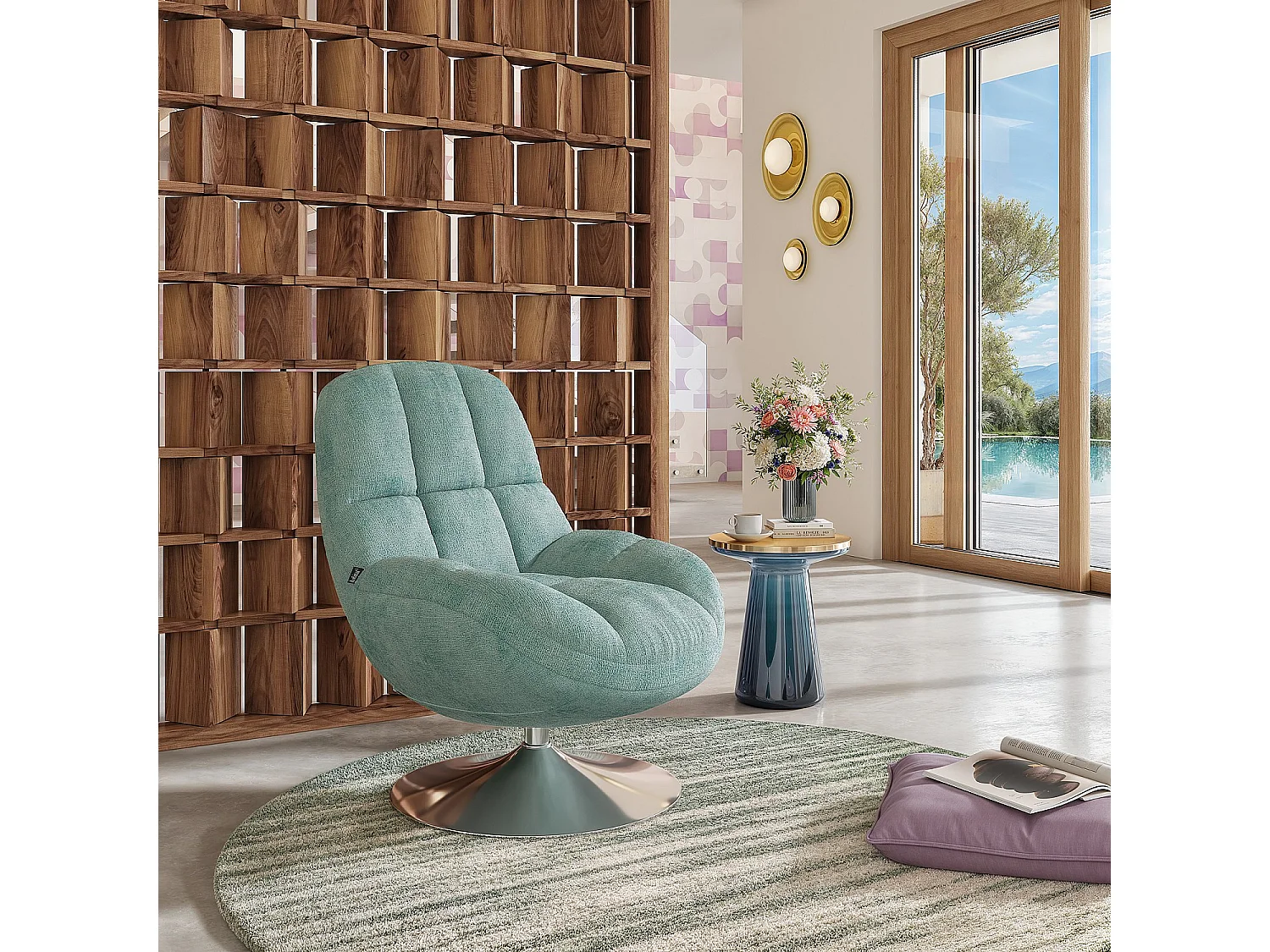 Fauteuil pivotant en tissu chenille et métal chromé - Bleu ciel