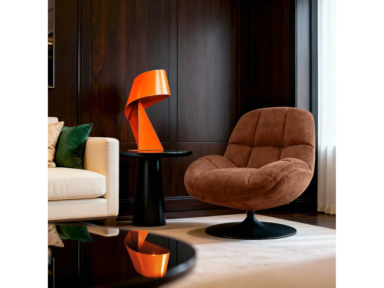 Fauteuil pivotant en tissu chenille et métal chromé - Terracotta