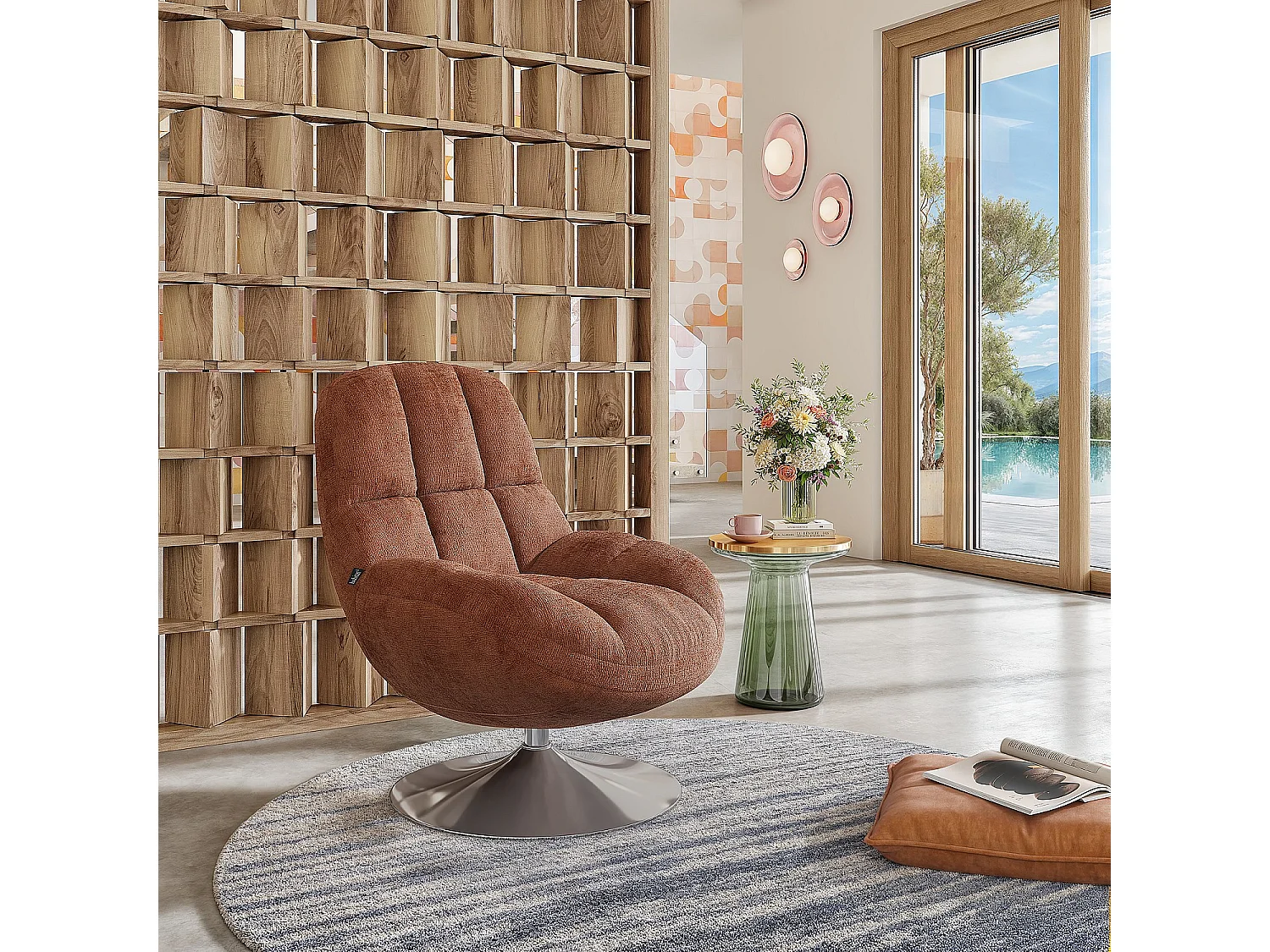 Fauteuil pivotant en tissu chenille et métal chromé - Terracotta