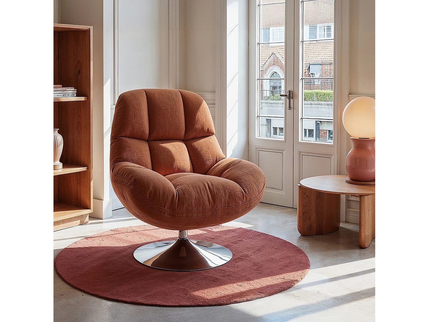 Fauteuil pivotant en tissu chenille et métal chromé - Terracotta