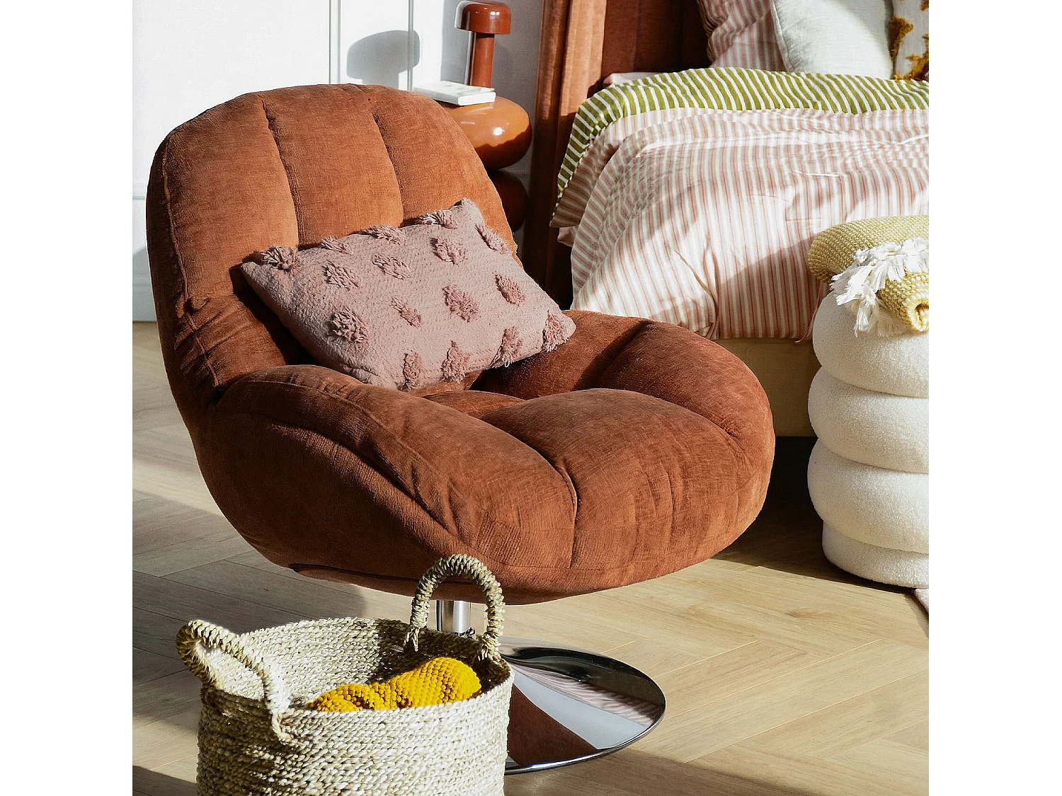 Habitat - Fauteuil pivotant en tissu chenille et métal chromé - Terracotta - Mogliano