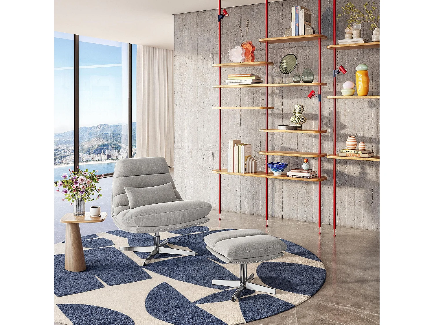Fauteuil pivotant avec repose-pieds en tissu et métal chromé - Gris polaire