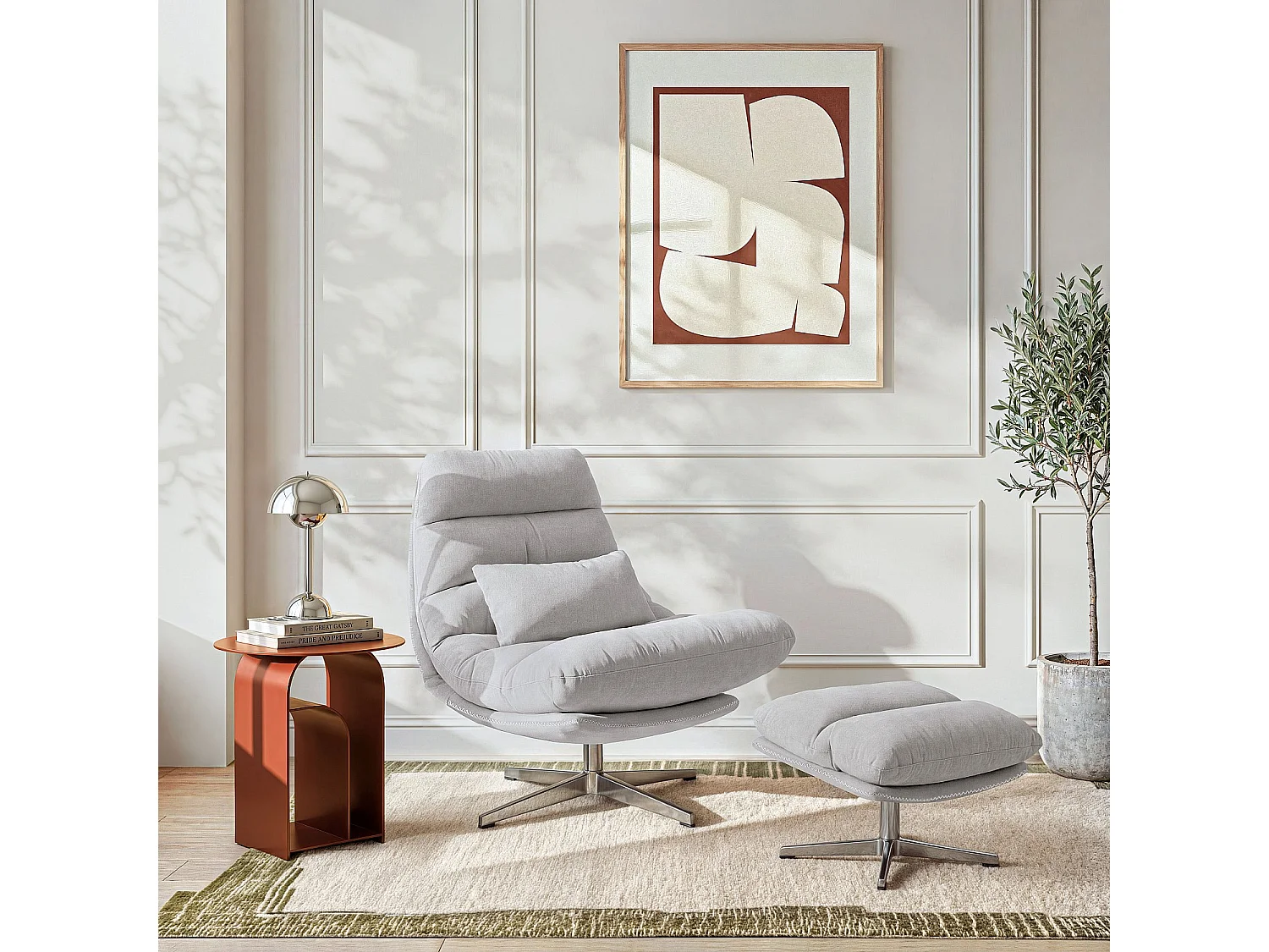 Habitat - Fauteuil pivotant avec repose-pieds en tissu et métal chromé - Gris polaire - Oderzo