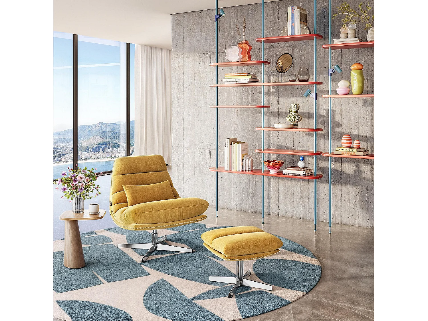 Habitat - Fauteuil pivotant avec repose-pieds en tissu et métal chromé - Jaune ocre ODERZO