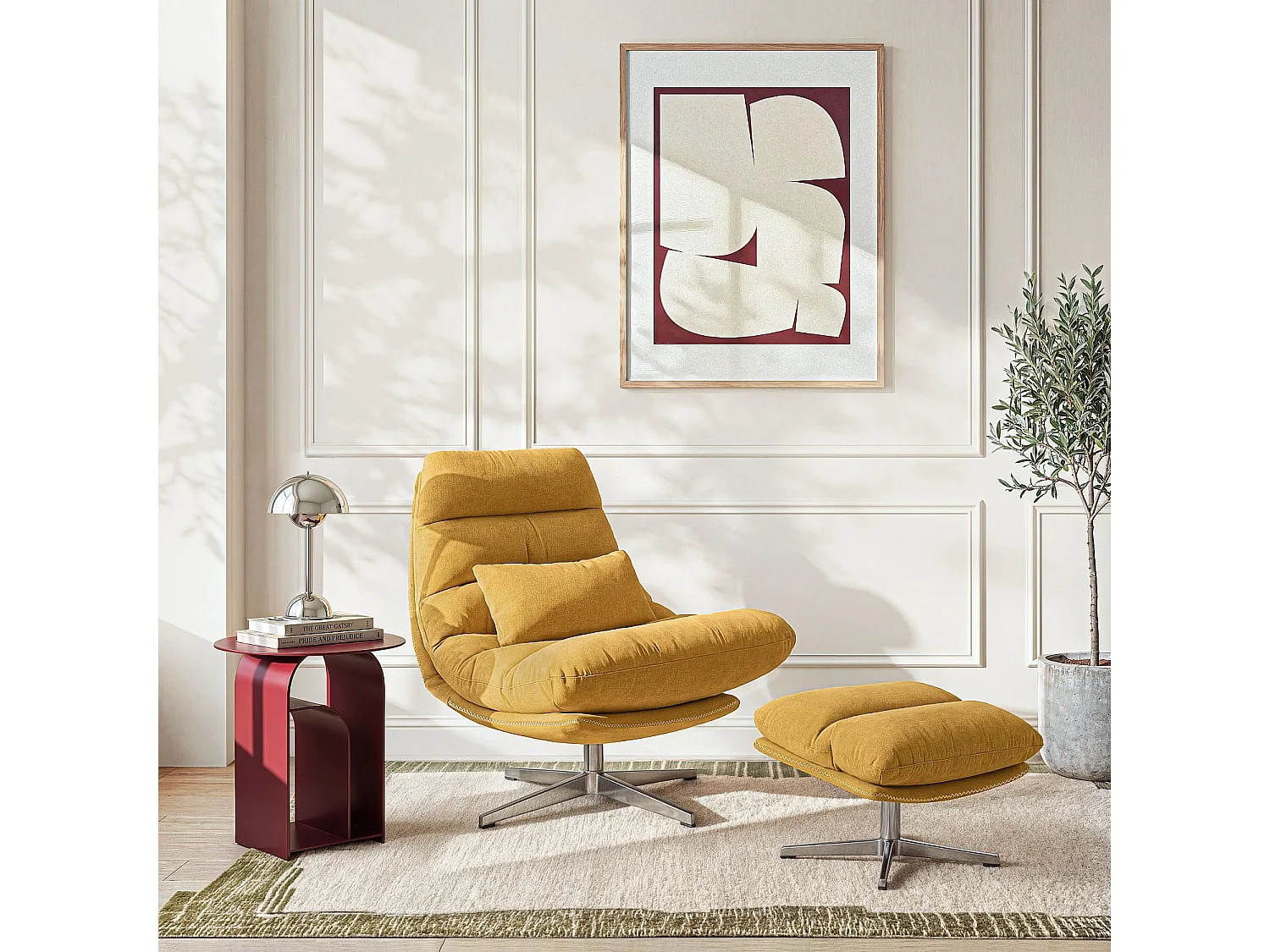 Habitat - Fauteuil pivotant avec repose-pieds en tissu et métal chromé - Jaune ocre ODERZO