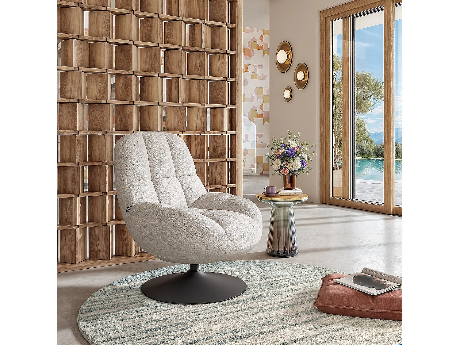 Fauteuil pivotant en tissu chenille et métal noir mat - Crème et noir