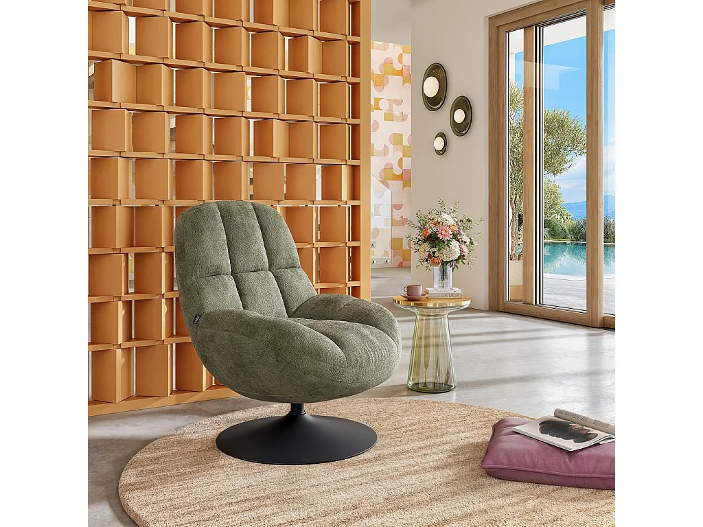 Habitat - Fauteuil pivotant en tissu chenille et métal mat - Vert kaki et noir - Mogliano