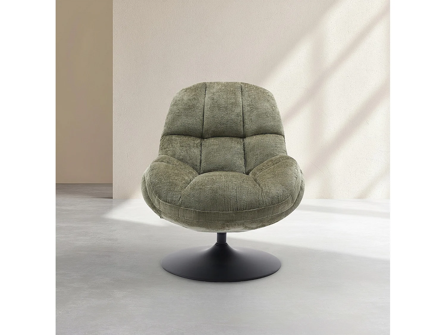 Fauteuil pivotant en tissu chenille et métal noir mat - Vert kaki et noir