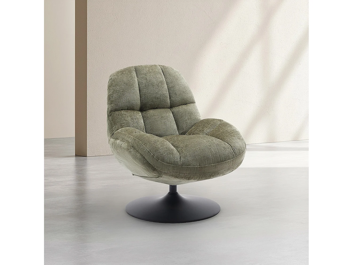 Fauteuil pivotant en tissu chenille et métal noir mat - Vert kaki et noir