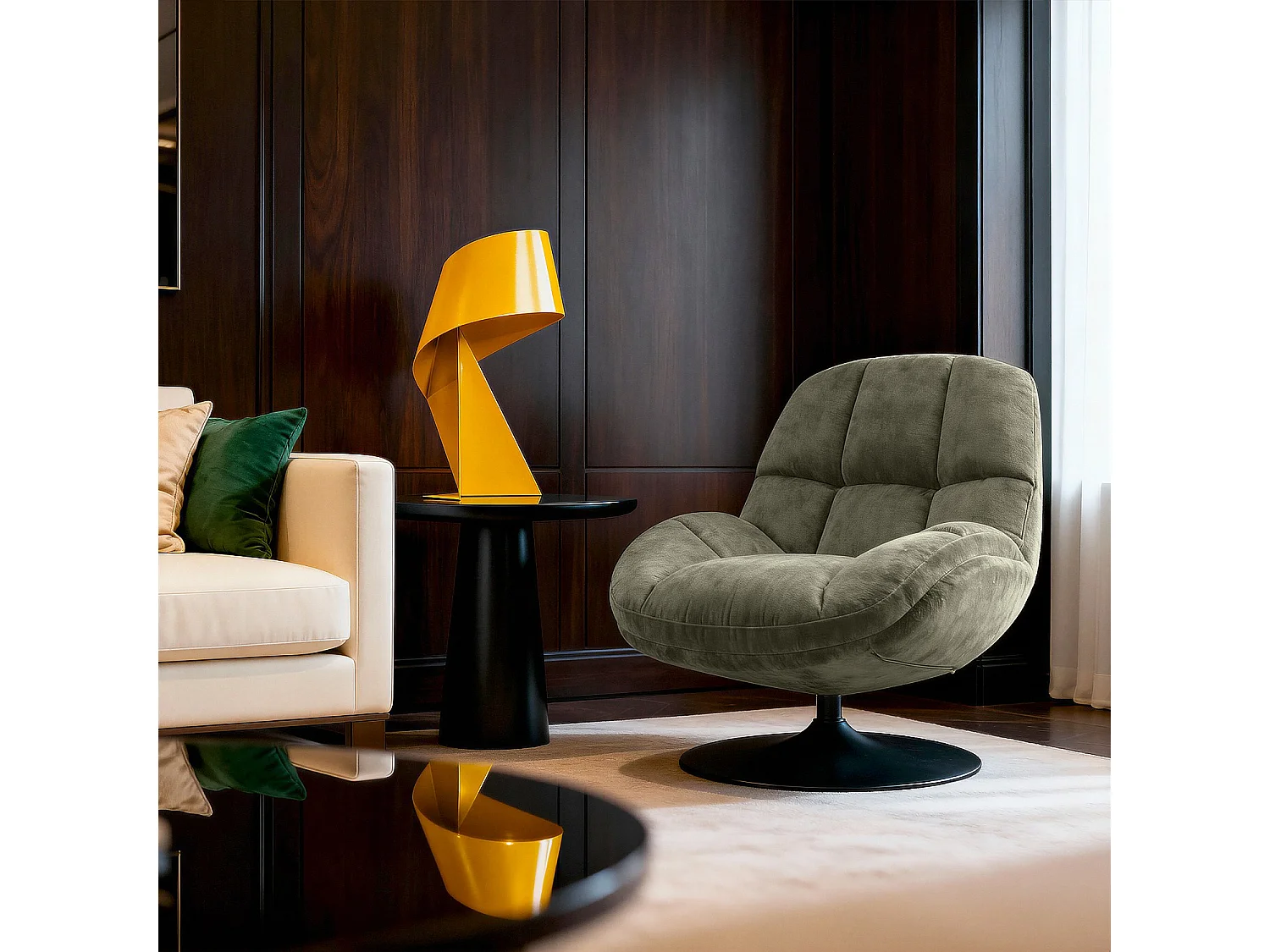 Fauteuil pivotant en tissu chenille et métal noir mat - Vert kaki et noir