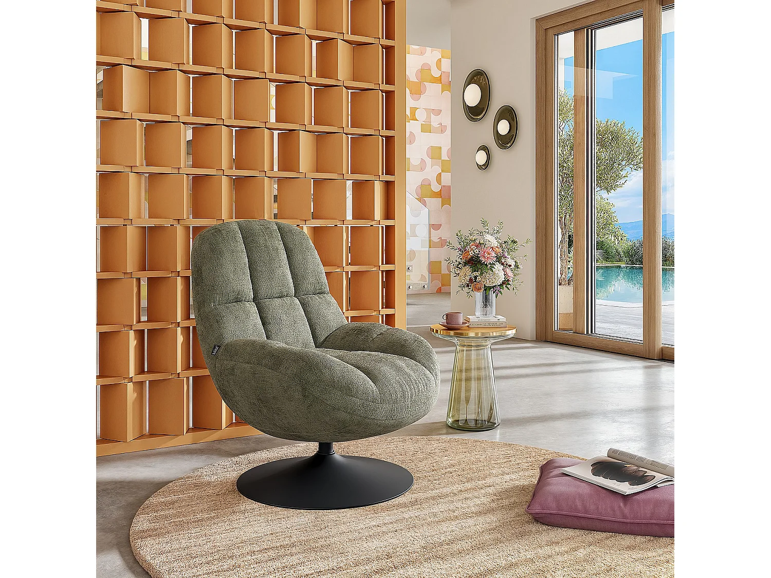 Fauteuil pivotant en tissu chenille et métal noir mat - Vert kaki et noir