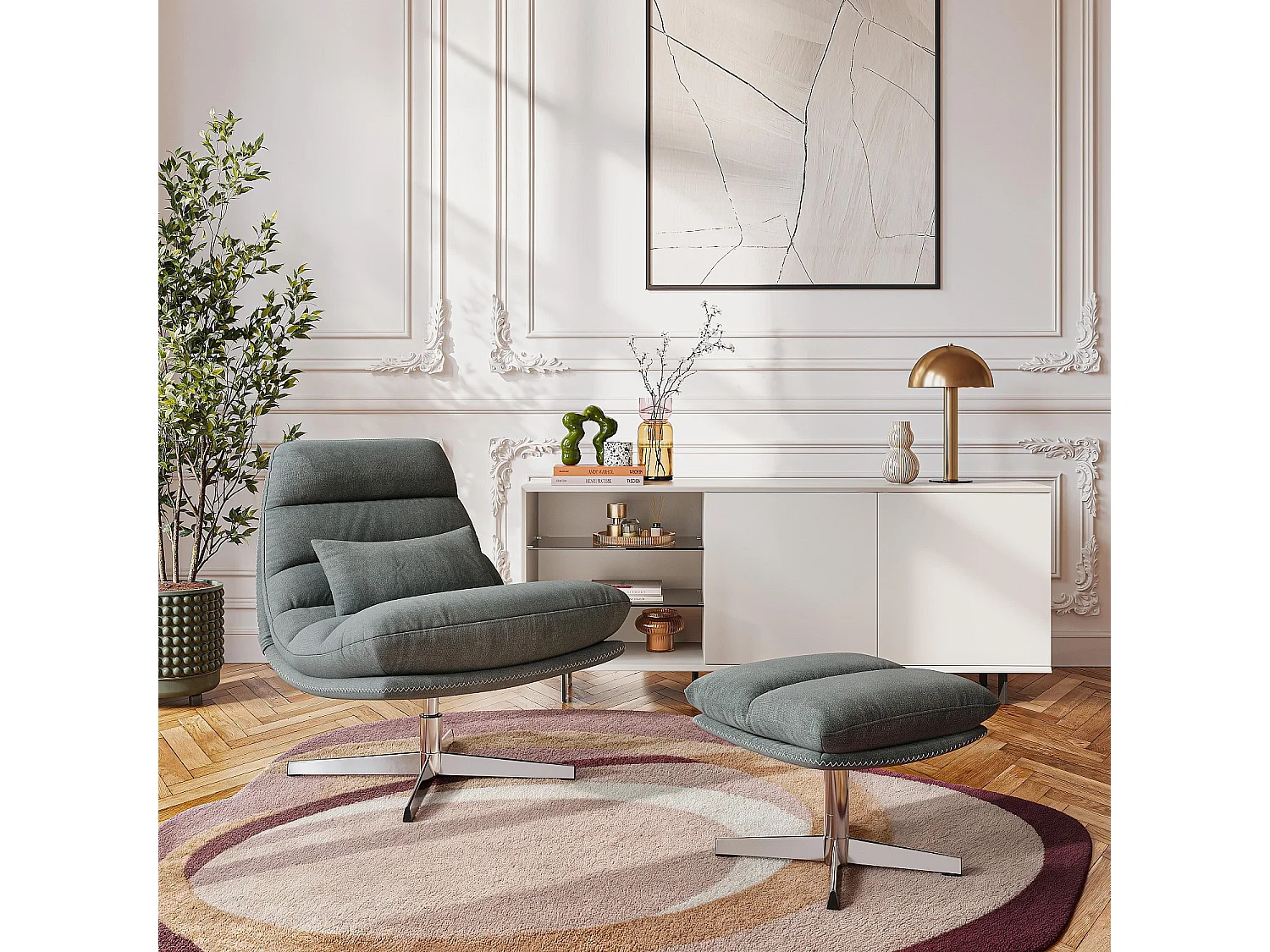 Fauteuil pivotant avec repose-pieds en tissu et métal chromé - Vert sapin