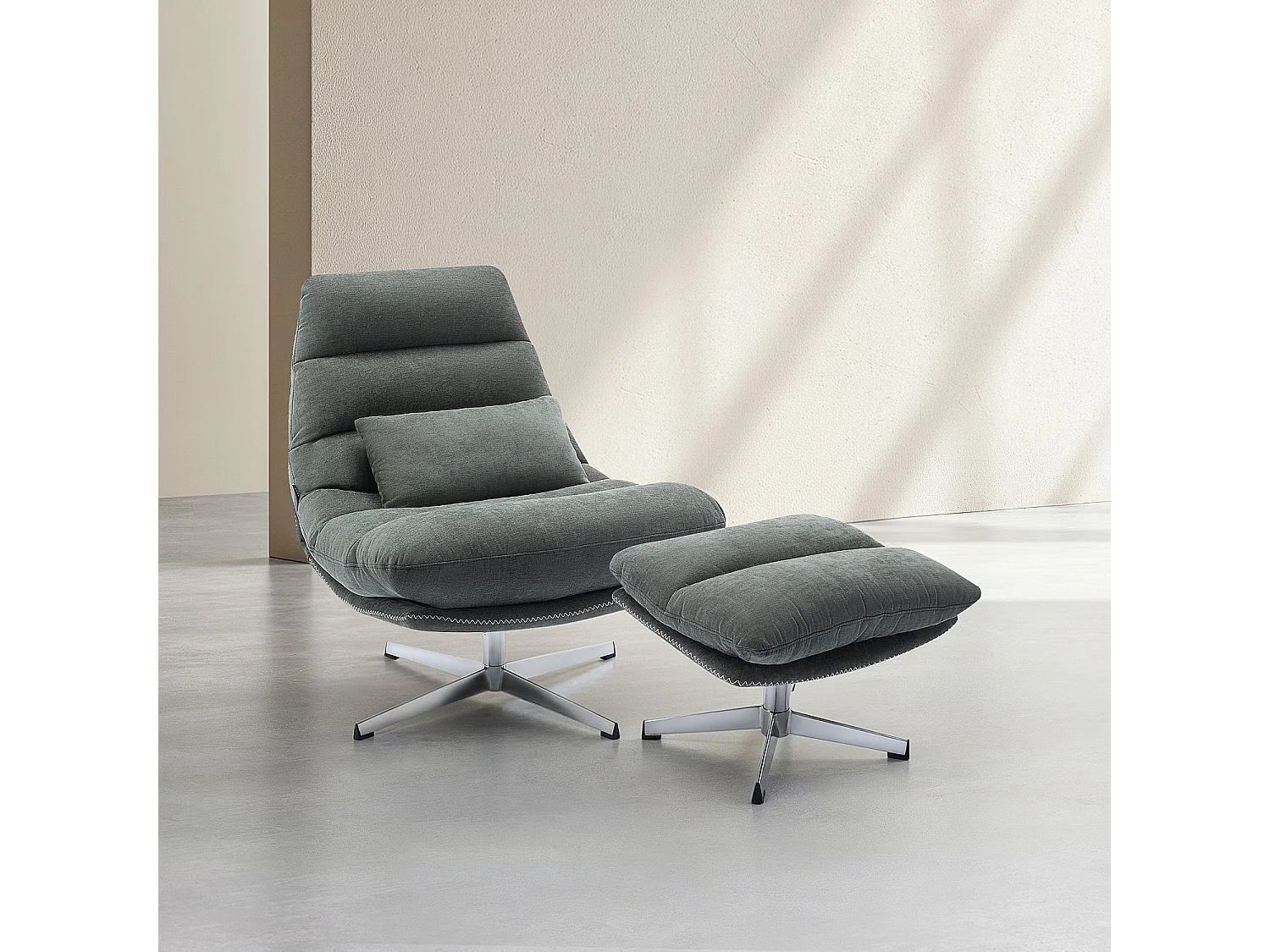 Fauteuil pivotant avec repose-pieds en tissu et métal chromé - Vert sapin