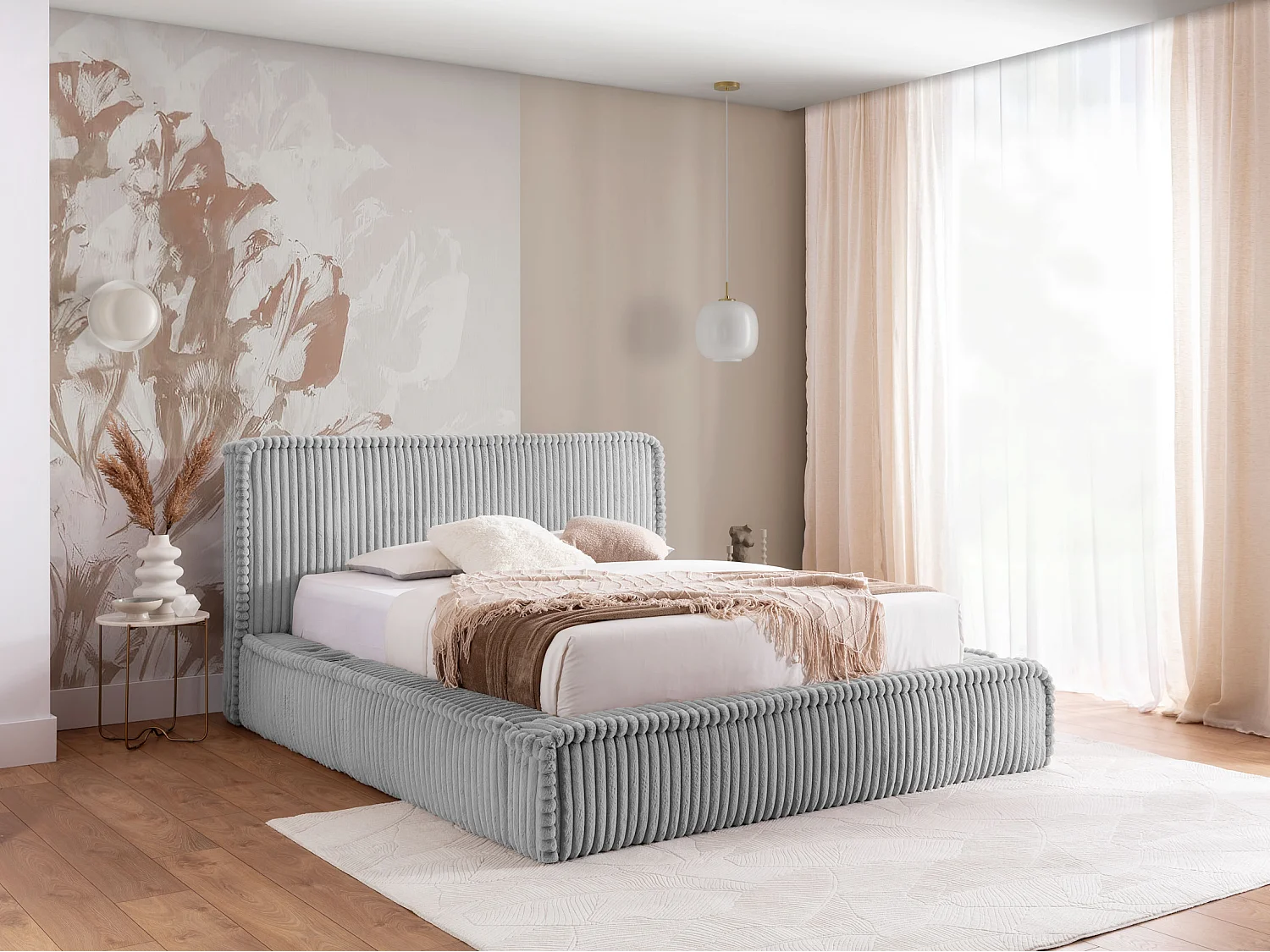 LIT TAPISSÉ avec coffre de rangement USB Torna 140x200 cm, Gris clair