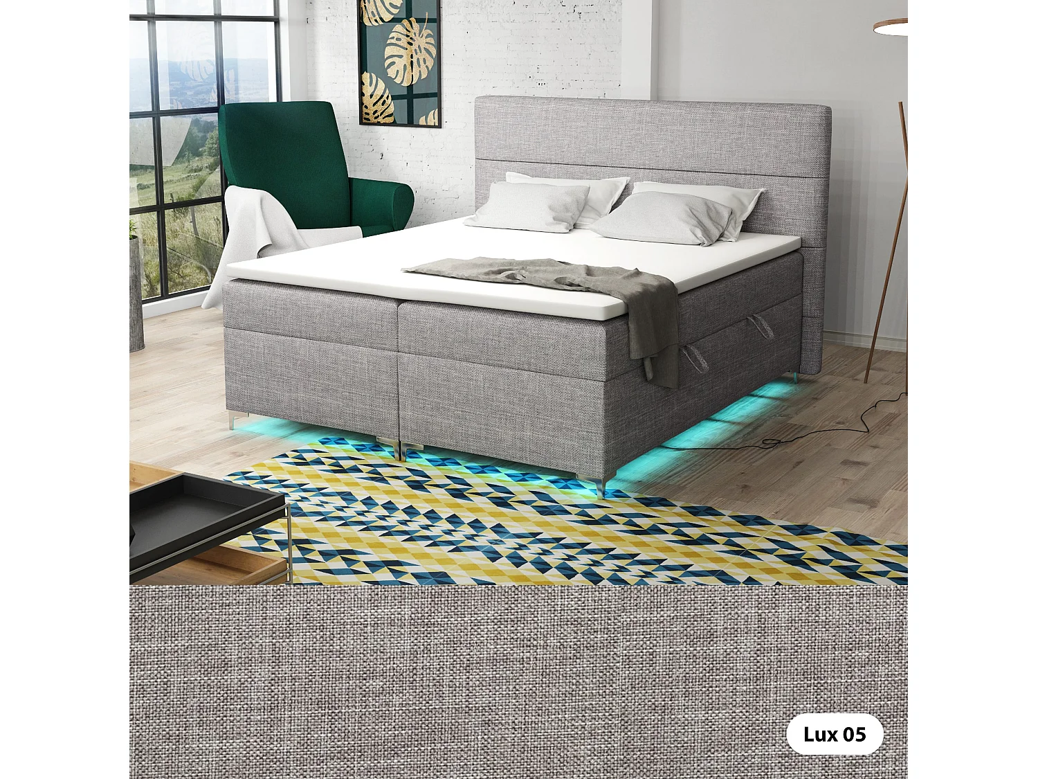 Boxspringbett mit Topper Verdalen  LED, 200x200 cm,  Lux 05 (Hellgrau)