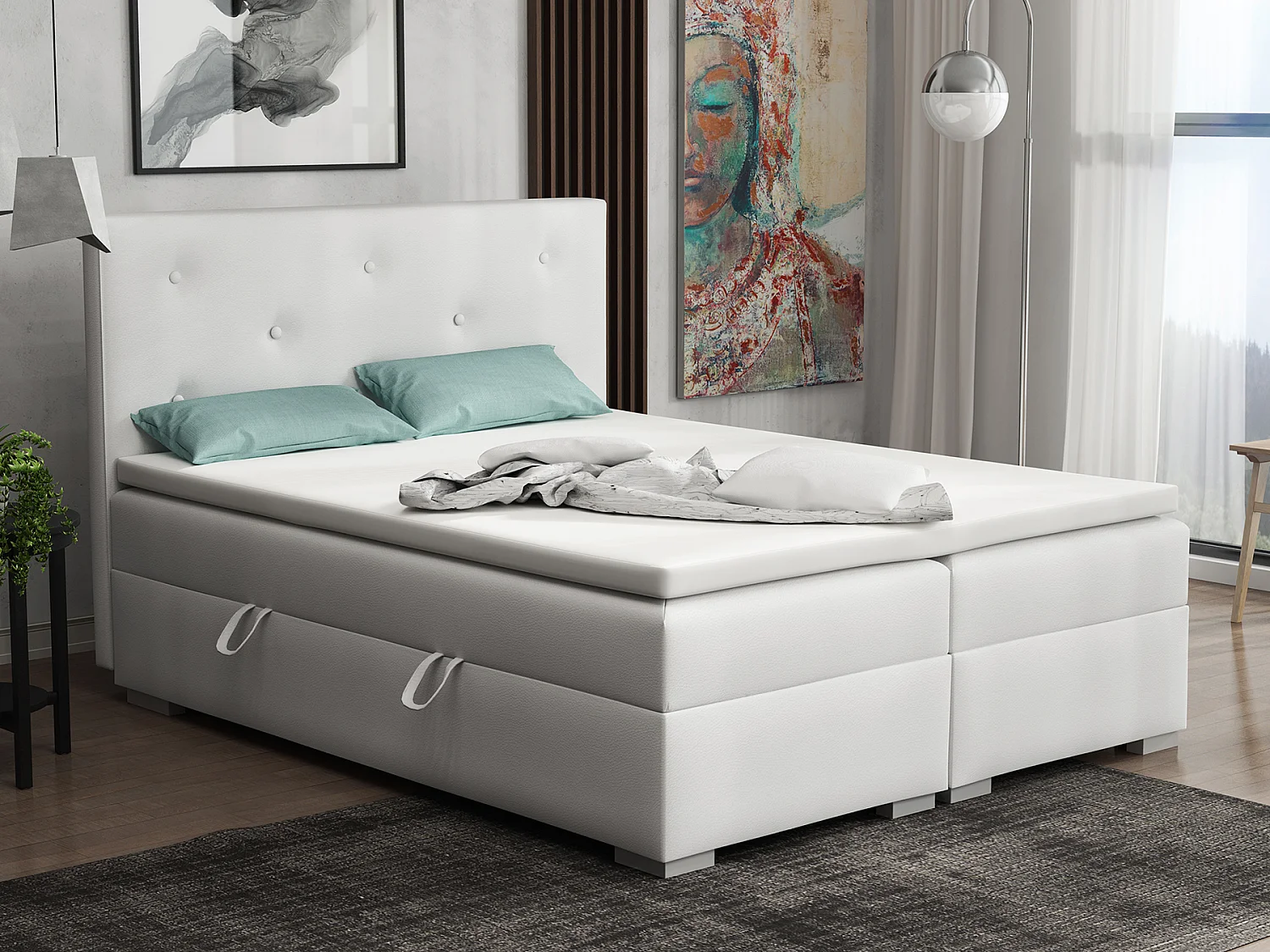 Lit Boxspring avec tiroirs de lit, Coffre de lit Topper Atlanta 200x200 cm, Soft 17 (Blanc)