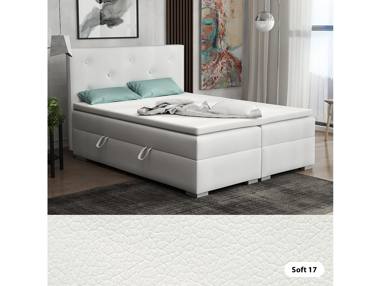 Lit Boxspring avec tiroirs de lit, Coffre de lit Topper Atlanta 200x200 cm, Soft 17 (Blanc)